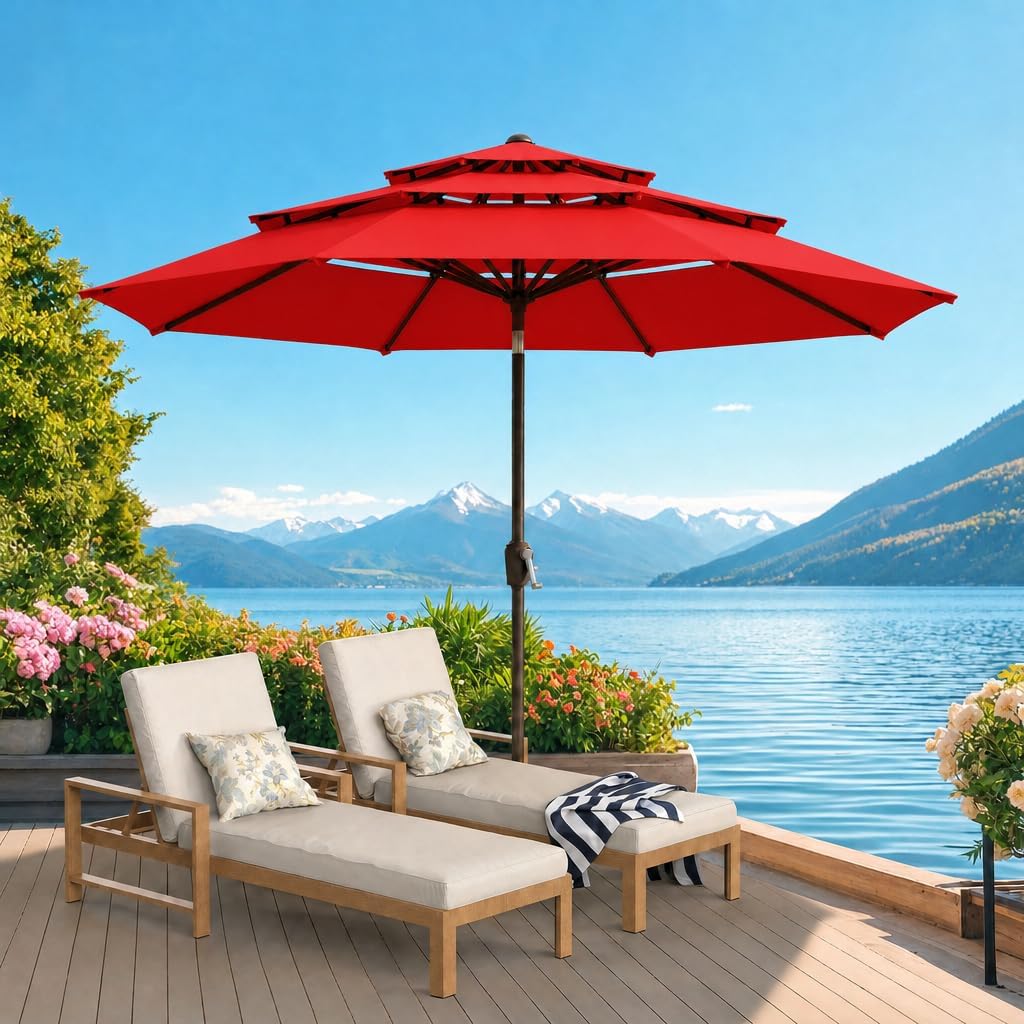 ONBRILL 10 FT Patio Umbrella, 3 Tier Outdoor Table Umbrella with 8 Sturdy Glass Fiber Ribs and Push Button Tilt, Outdoor Patio Umbrellas for Market Pool Garden Backyard, 1.5" Pole, Red (No Base)