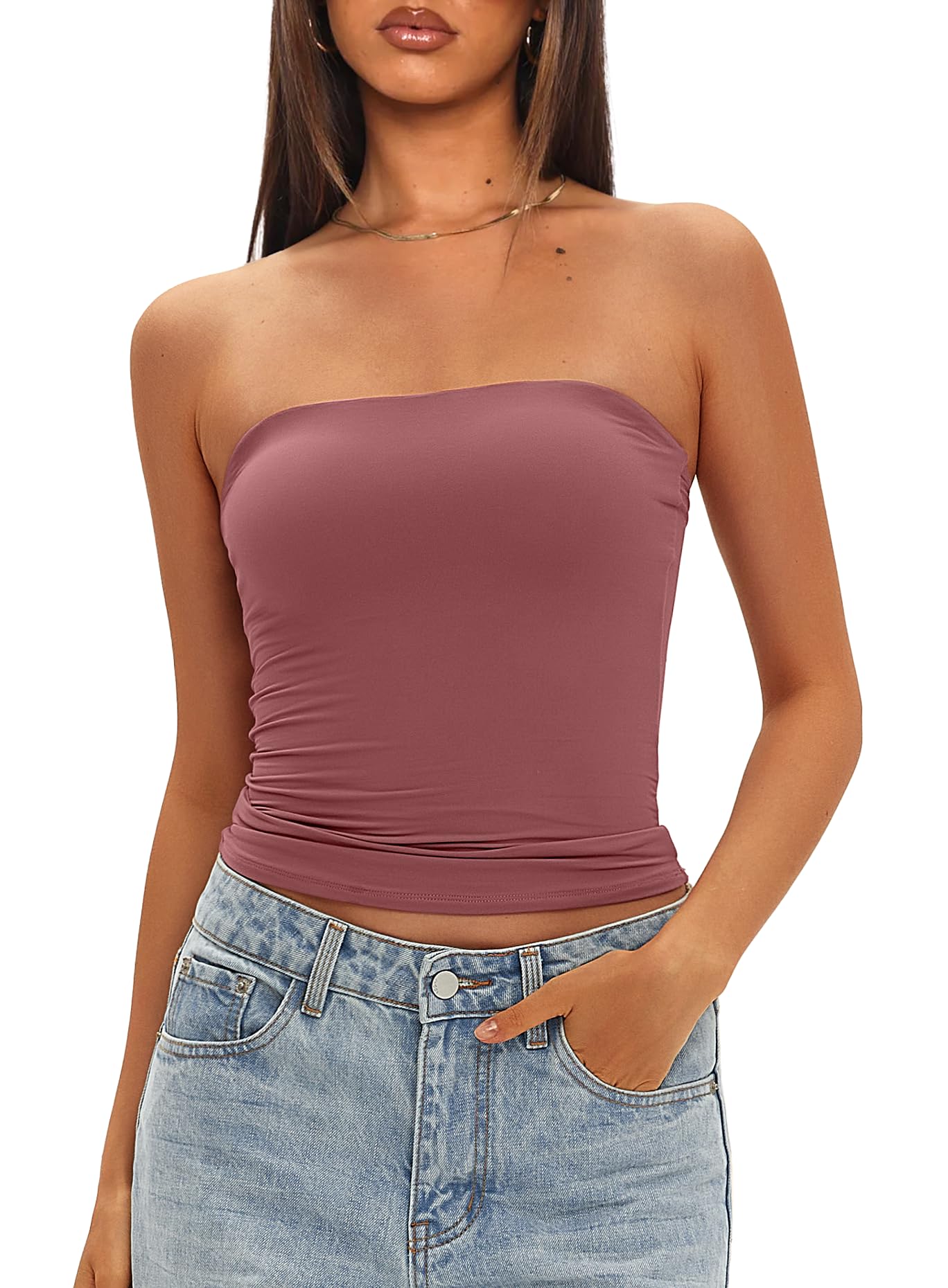 Darong Womens Padded Tube Tops Bulit in Bra Strapless Crop Tops Bandeau Double Lined Basic Going Out Tank Top