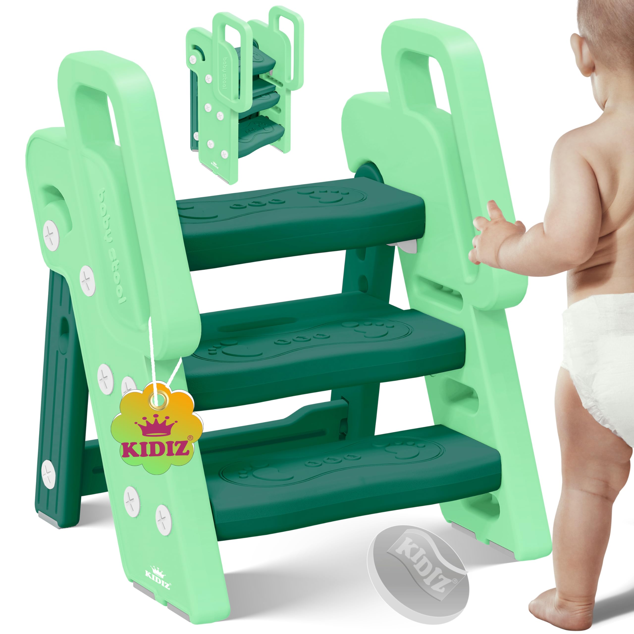 KIDIZ® Tritthocker für Kinder Trittleiter Klappbar mit 3 Stufen | Faltbarer Lern-Turm ab 18 Monaten bis 6 Jahren | Robust | Sicherer & Stabiler Trittschemel | Höhenverstellbar rutschfest Mint Grün