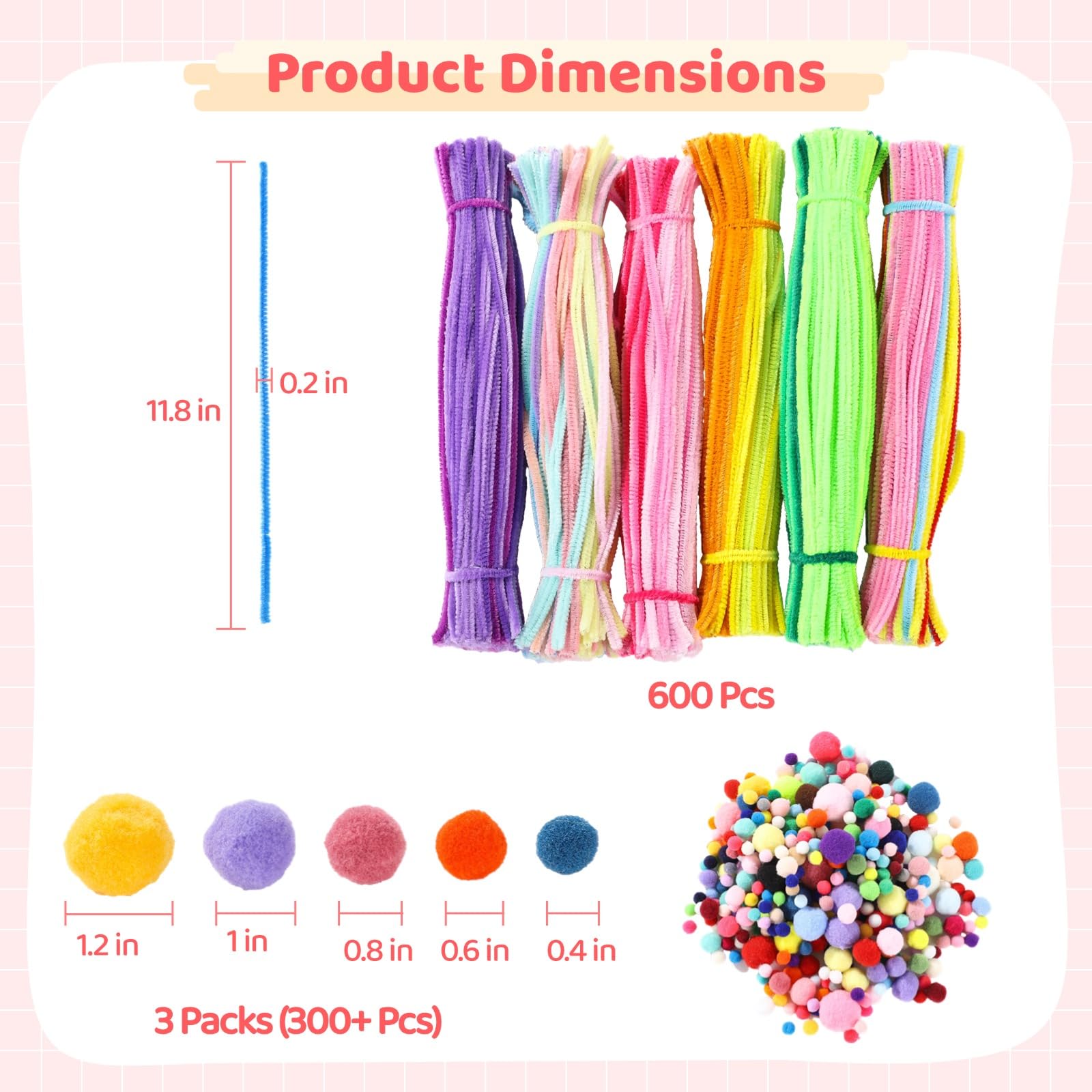 900+ Stk. Pfeifenreiniger Set, bunte Chenilledrähte mit Pompons, Bastelset für DIY Kunstprojekte, kreatives Set für Handarbeit, ideal für Schule, Dekorationen und kreative Bastelarbeiten zu Hause