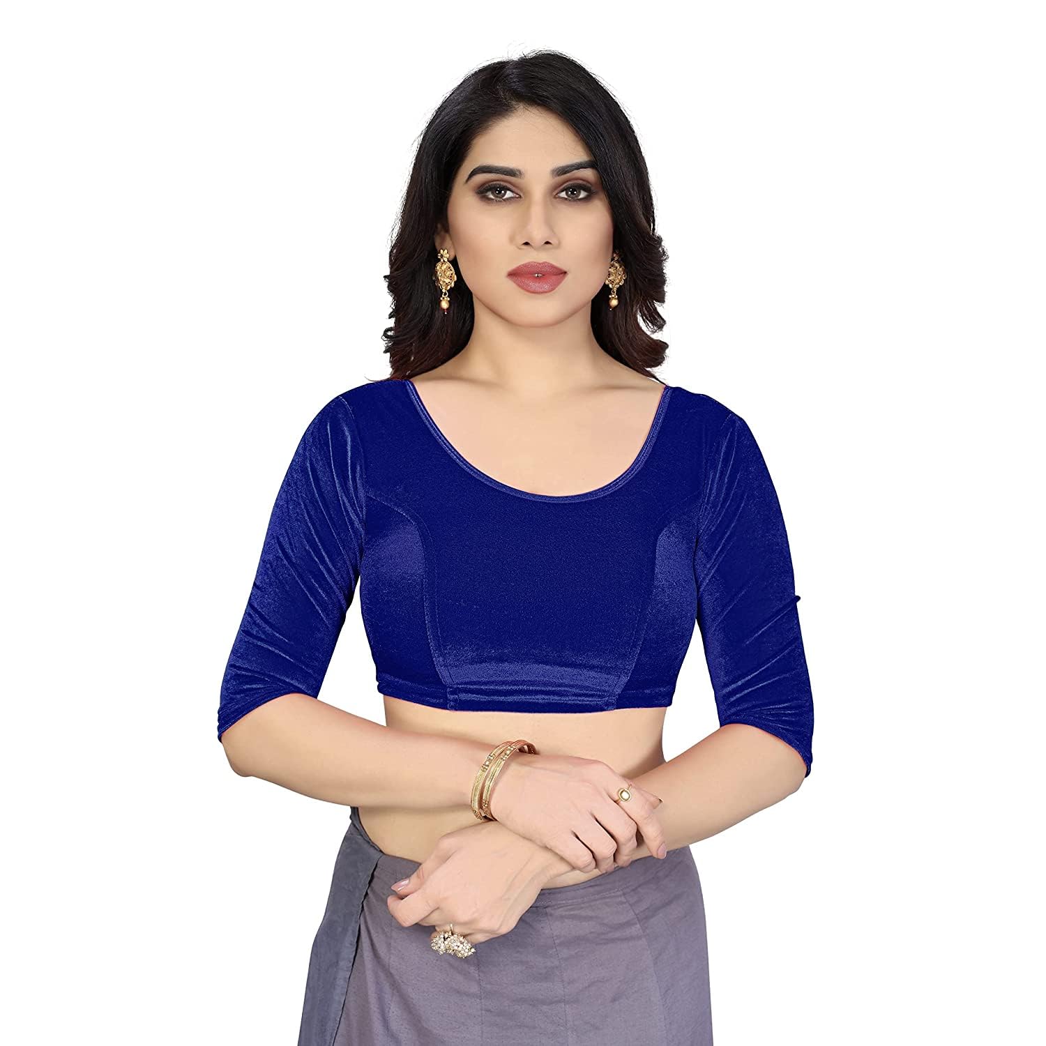 Miraya Women's Readymade Velvet Round Neck Stretchable saree1 Blouse with 15 inch Sleeve-picture-18