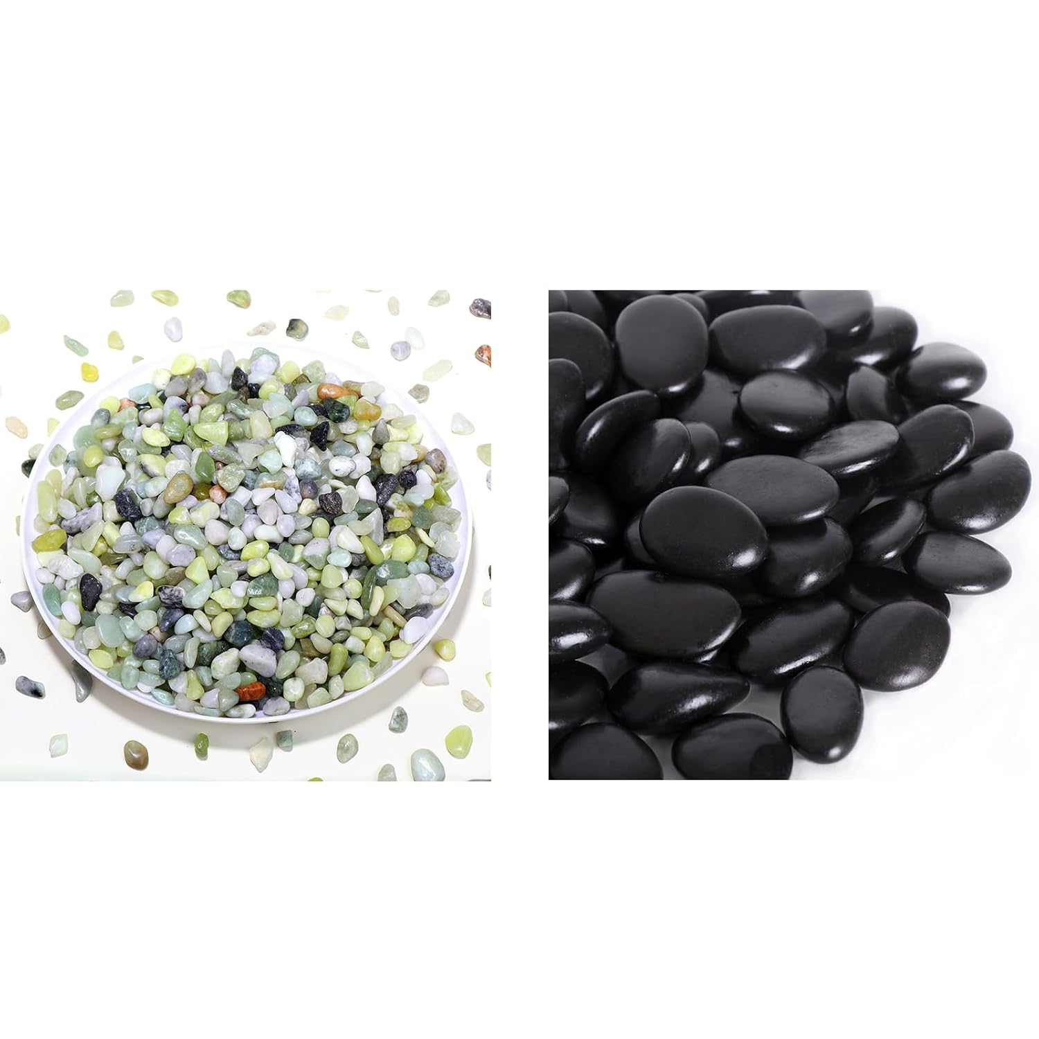2.2lb Jade Pebbles and15LBS Black River Rocks Decorative Stones for Indoor Vases, Pots, Landscaping, Highly Polished