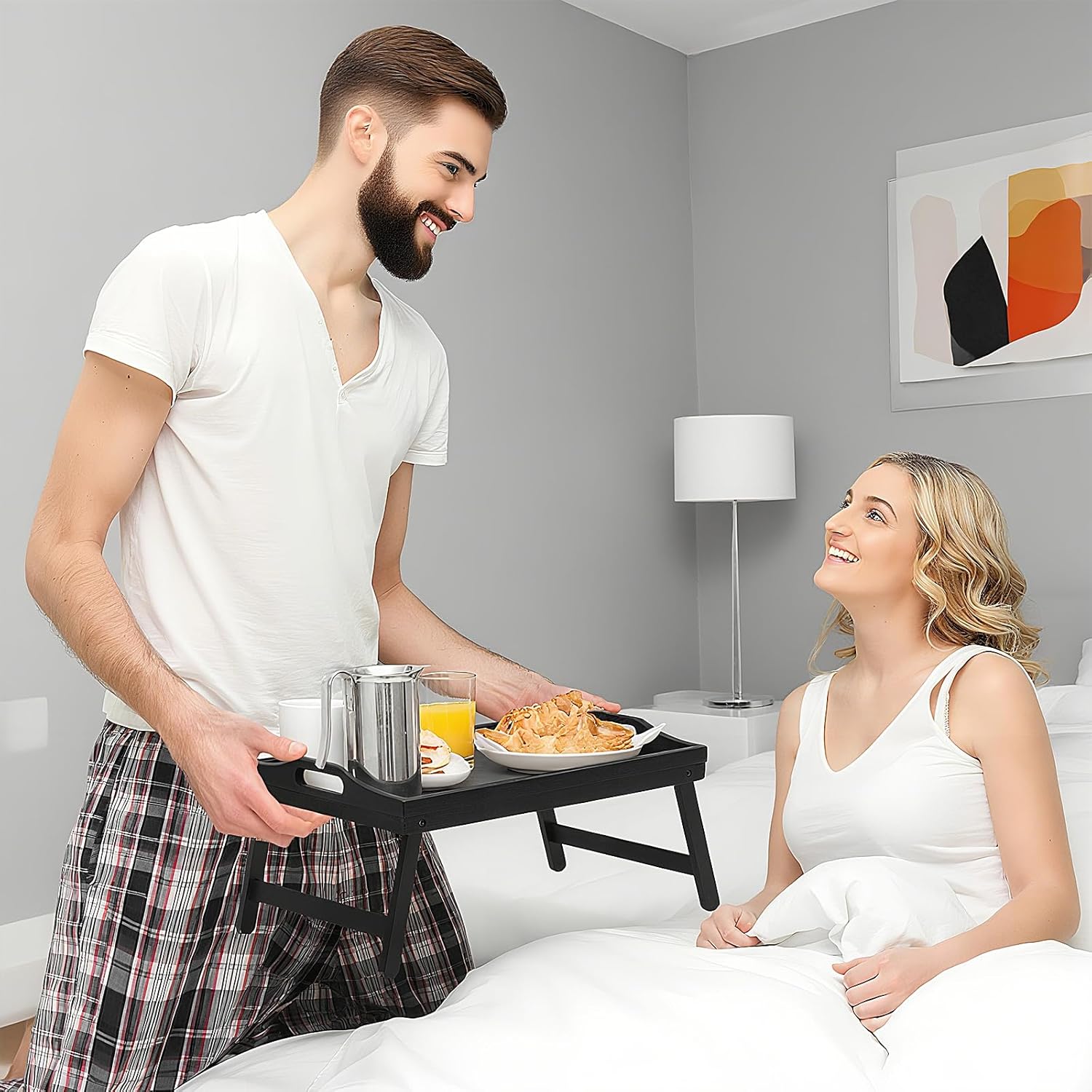 Bamboo Breakfast Tray Table with Folding Legs for Bed Table Sofa - Eating & Laptop Tray Bamboo with Folding Legs (Black)