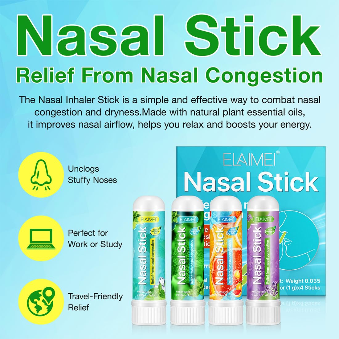 NHQZ 4 Pack Nasal Stick, Inalatore Nasale, Rapido Sollievo dal Naso Chiuso, Migliora la Respirazione e Aumenta la Concentrazione, Realizzato con Oli Essenziali e Mentolo