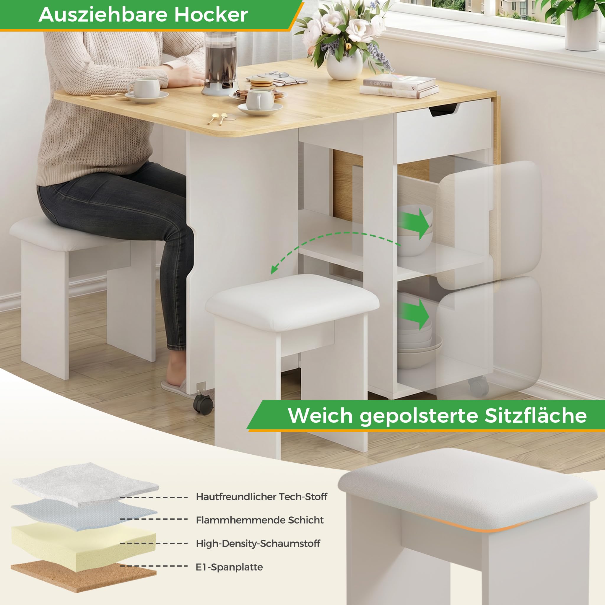 Mondeer Essgruppen, Klappbarer Esstisch mit 4 Stühlen und Schublade, Esstisch Set mit Rollen und 2 Offenen Ablagen, für Kleine Räume Esszimmer Küche, 140 x 80 x 75 cm (Eiche und Weiß)