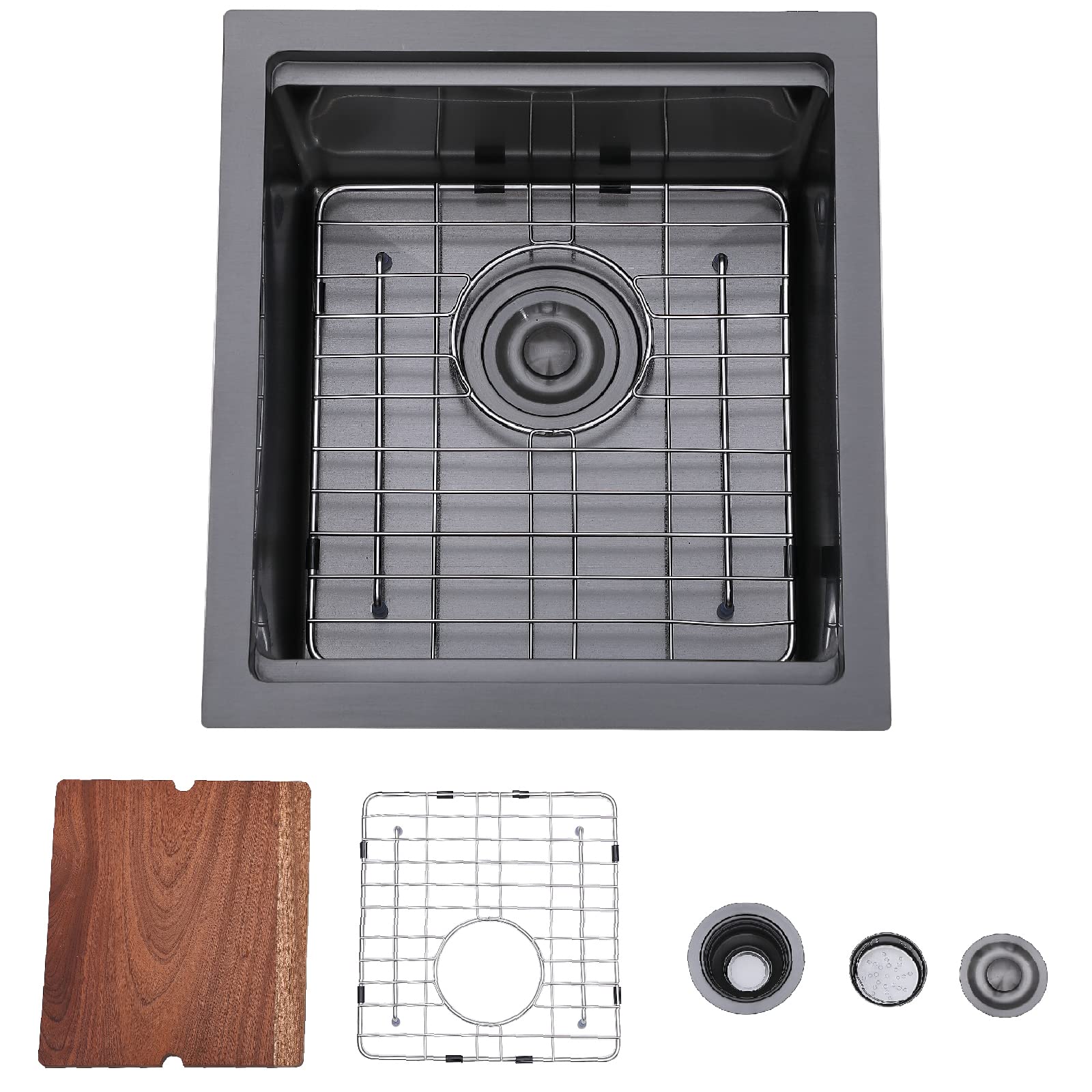 UFaucet 17×15 Inch Modern Commercial Undermount Gunmetal Black Bar Sink,Handmade Stainless Steel Bar Sink,Small Single Bowl Black Kitchen Sink with Stainless Steel Grid&Strainer&Cutting Board