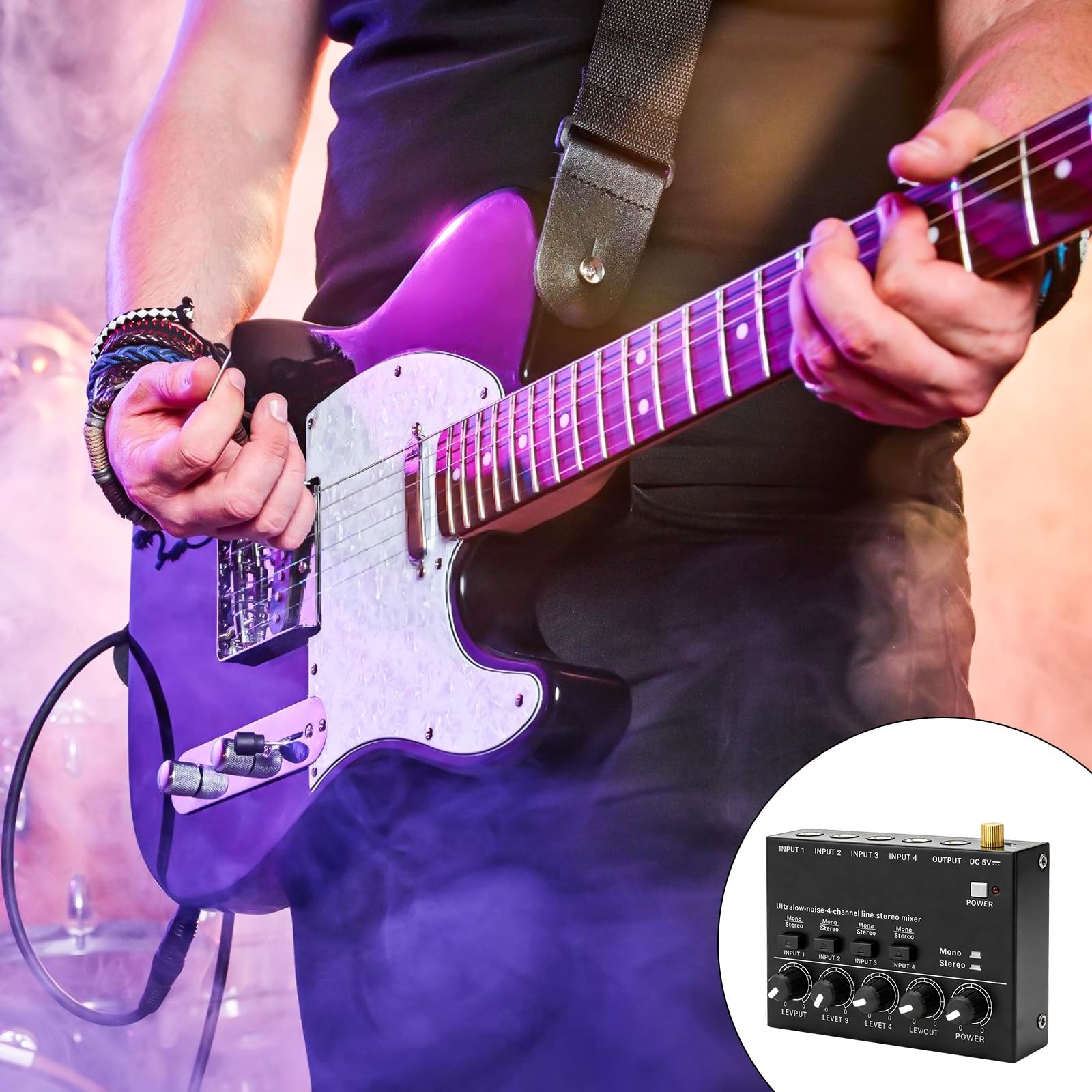 Mezclador de audio de 4 canales, mini mezclador estéreo activo, mesa de mezclas de audio, bajo ruido, control de volumen independiente, mesa de mezcla compacta para micrófonos, guitarras, bajos