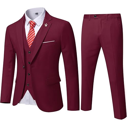 MYS Men's 3 Piece Slim Fit Suit Set, One Button Solid Jacket Vest Pants with Tie