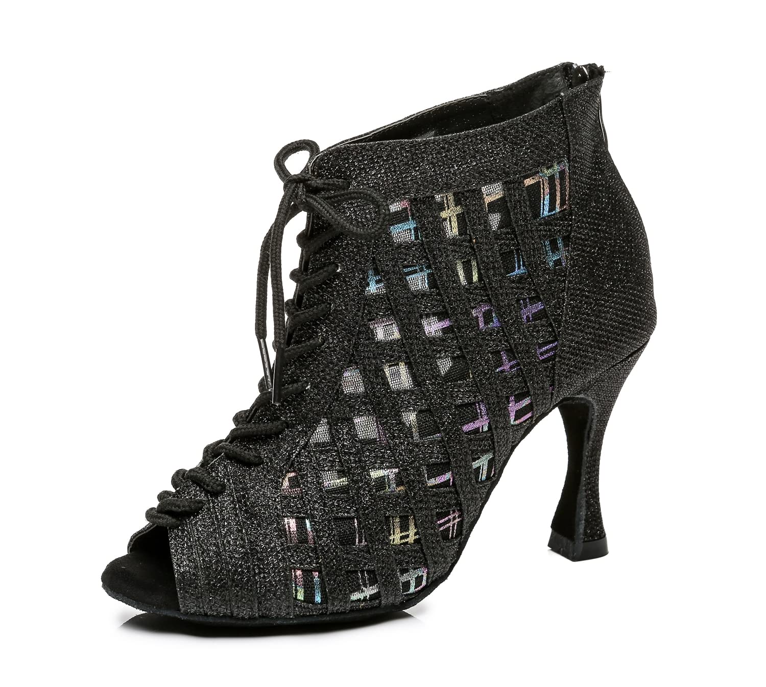 Damskie sznurowane buty typu peep toe, siateczka, brokat, syntetyk, rozkloszowany obcas, tango, sala balowa, do tańca latynoskiego, zamek błyskawiczny