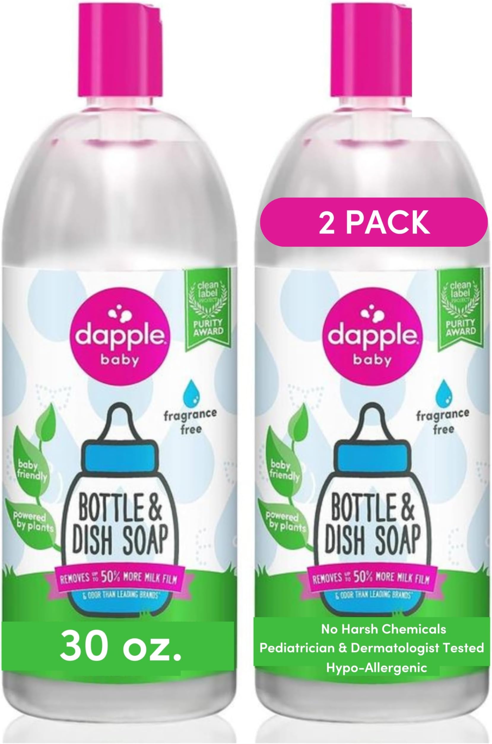 Dapple Baby Baby Bottle Soap & Dish Soap Refill, Fragrance Free, Plant Based Dish Liquid for Dishes & Baby Bottles - Hypoallergenic Soap, Liquid Soap Refill, 30 Fl Oz (Pack of 2)