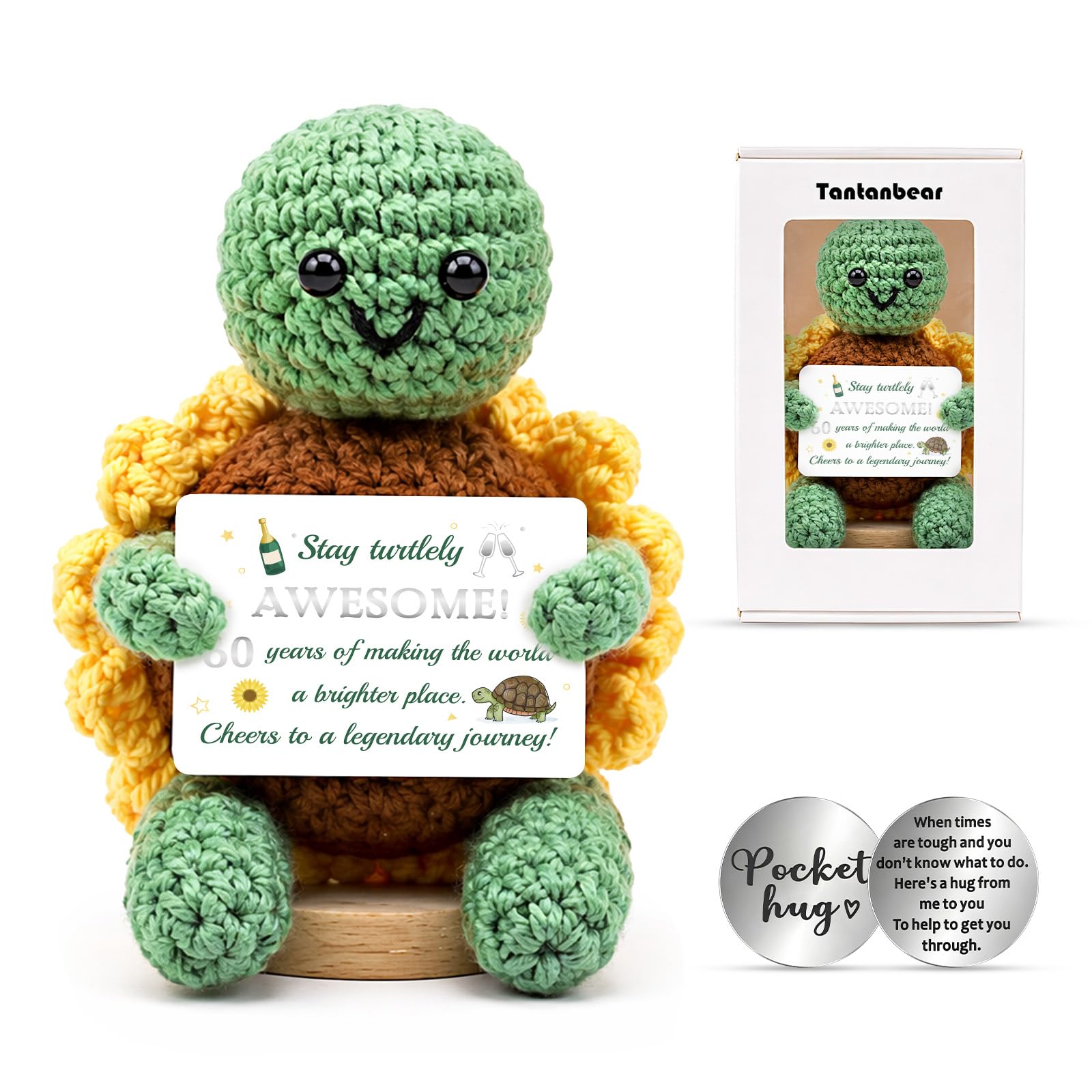 Positive Crochet Turtle 60th Birthday Gifts for Women Men, Sunflower Crochet Animals Emotional Support Plush, Handmade Desk Decor Keepsake Gift Box with Lucky Coin & Card for Her Him Friend Parent — image 1