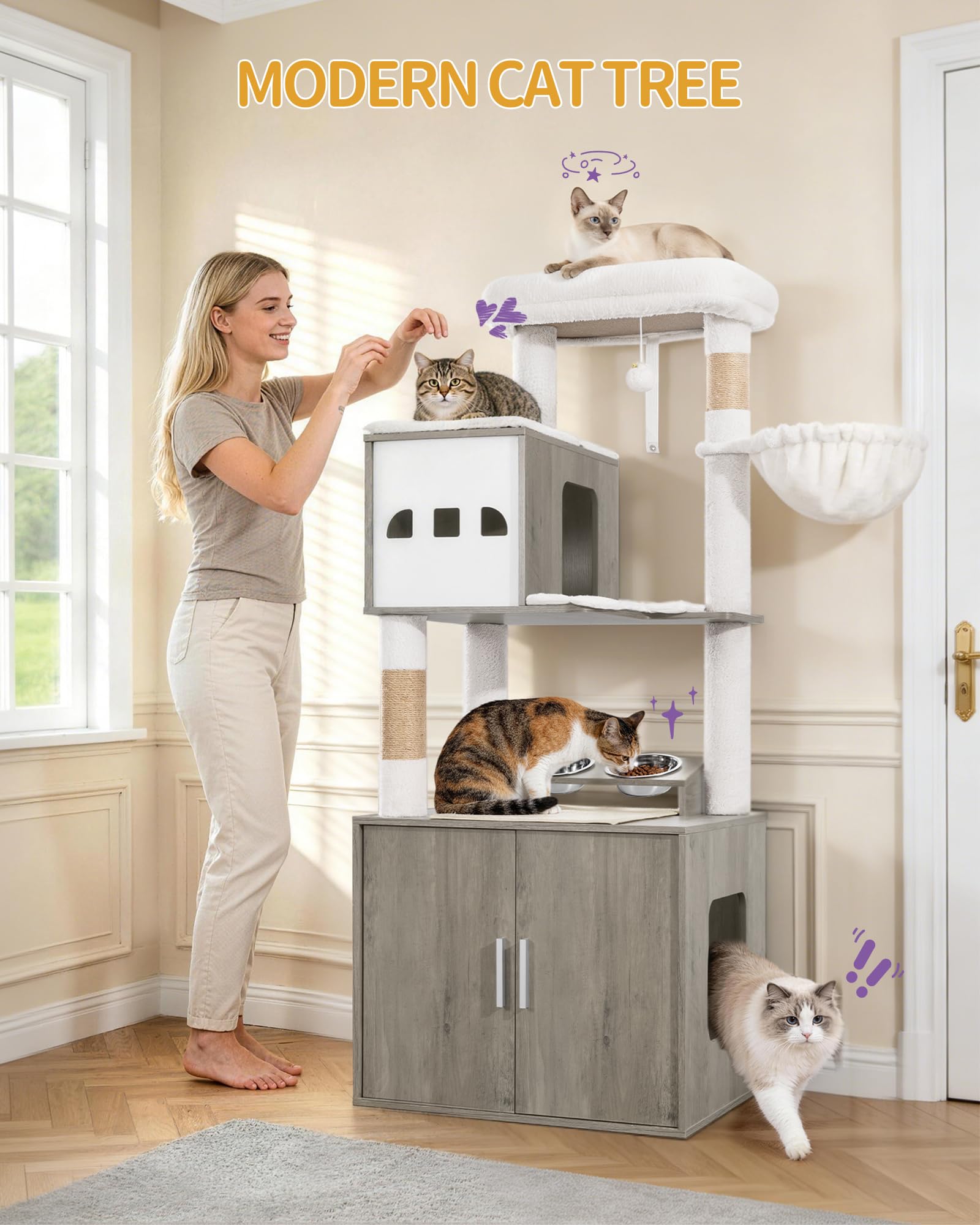 Hzuaneri Arbre à Chat avec Meuble Litiere Chat, 150 cm Haut, Sisal, Grège | Mangeoire, Maison de Toilette Chat, Grande Plateforme, Colonne Balles Peluche, Coussin Lavable, Balles en Peluche, CB88405WT