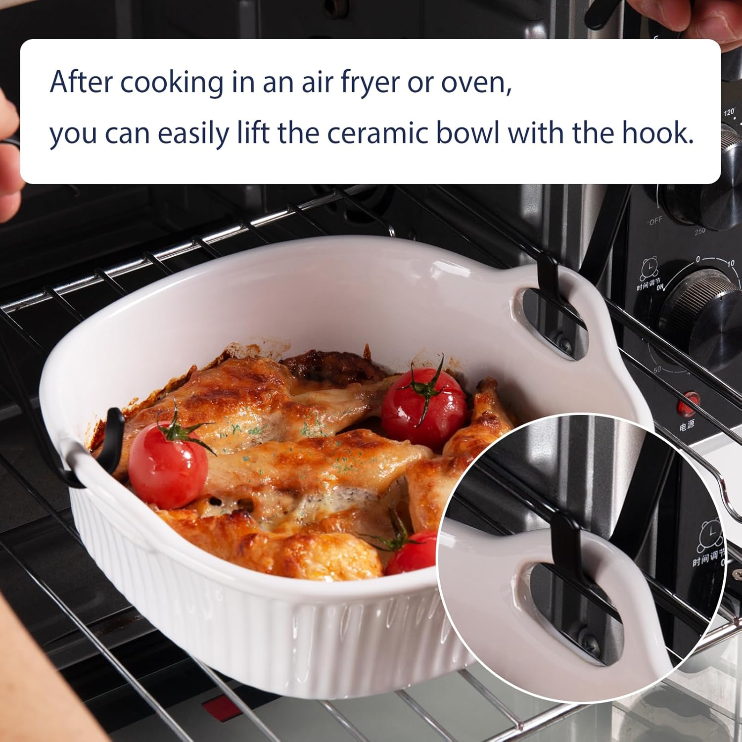 Ceramic Air Fryer Liners, 8 Inch Reusable Air Fryer Accessories, Square Air Fryer Basket with 2 Hooks, Heat Resistant Air Fryers Bowl, White