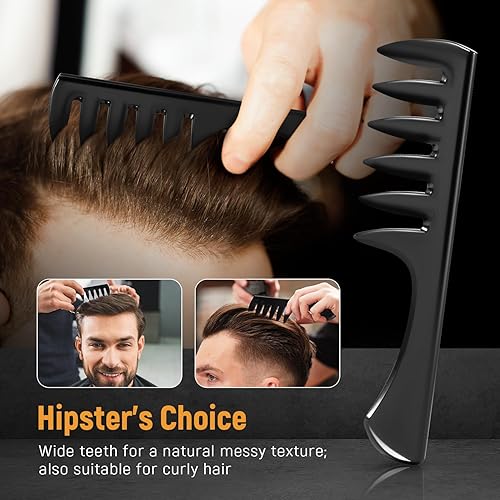 Miniatura 3 de Juego de 3 peines de peluquería para hombres, peine negro con textura de dientes anchos para Quiff, Pompadour, Slicked-back, Fauxhawk, Undercut