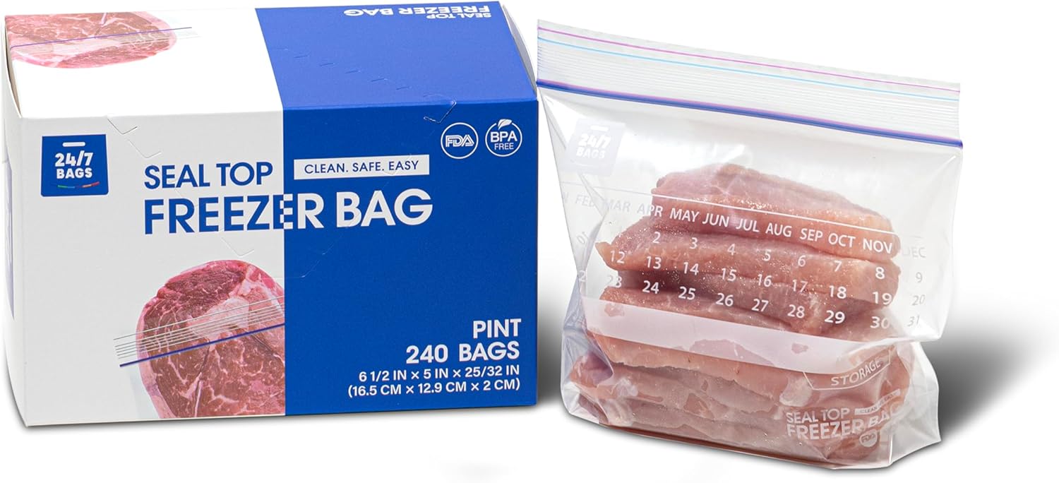 24/7 Bags- Sandwich Freezer Bags, 240 Count with Expandable Bottom and New Calendar Feature