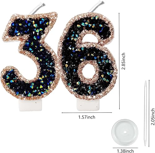 Miniatura 2 de Velas de números con purpurina azul y negro de 2.8 pulgadas, regalos de cumpleaños de 36  63 para mujeres y hombres, velas de cumpleaños, velas de