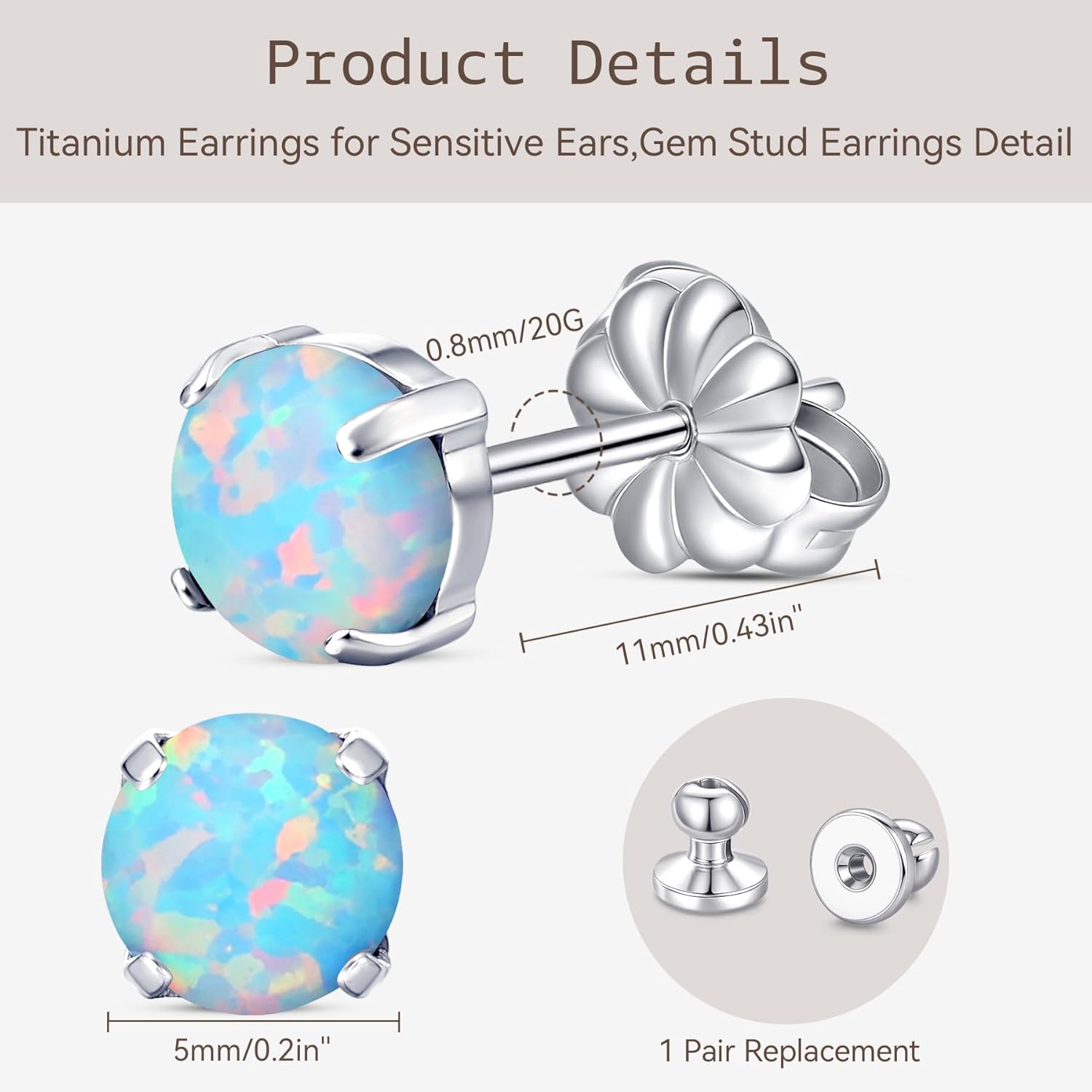 Limerencia G23 Hypoallergenic Pure Titanium Earrings, Opal/Moonstone/Cat's Eye/Blue Turquoise Stud Earrings, F136 Implant Grade|Delicate Jewelry for Sensitive Ears - Image 2