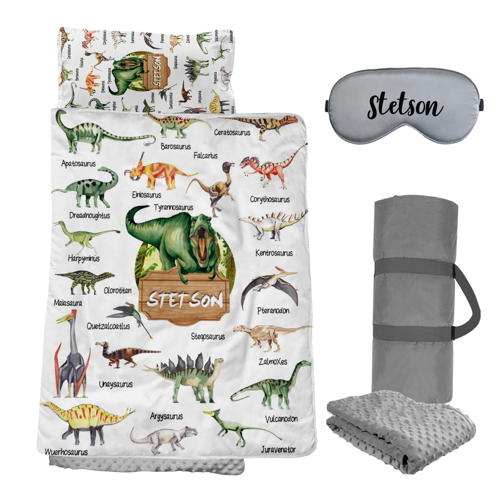 Dyoart Personalized Toddler Nap Mat, Custom Name Kids Sleeping Mat for Daycare Preschool Kinder, White Dinosaur Boy Sleep Bag with Pillow Blanket Eye Mask, Easy Roll Up & Carry Infant Child Nap Sack