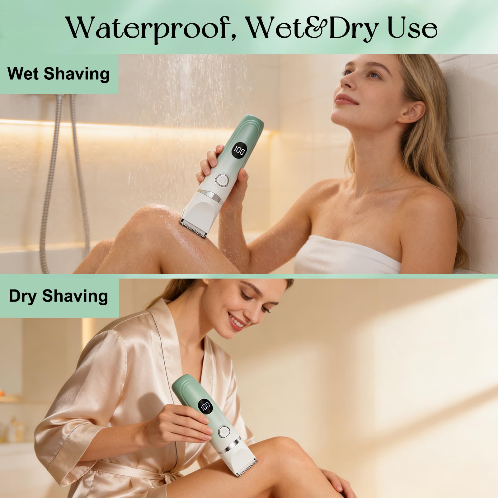 Rasoio Elettrico Donna, 3-in-1 Rasoio Parti Intime, Depilatore Corpo Donna per Viso, Ascelle, Gambe, Braccia e Zona Bikini, Utilizzabile a Secco e a Bagno con Schermo LCD