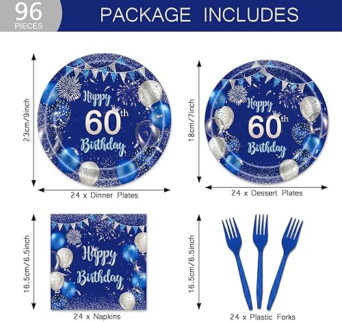 Miniatura 2 de Juego de 96 platos azules para fiesta de cumpleaños 60, servilletas, suministros de feliz cumpleaños, color azul marino y plateado, desechables,