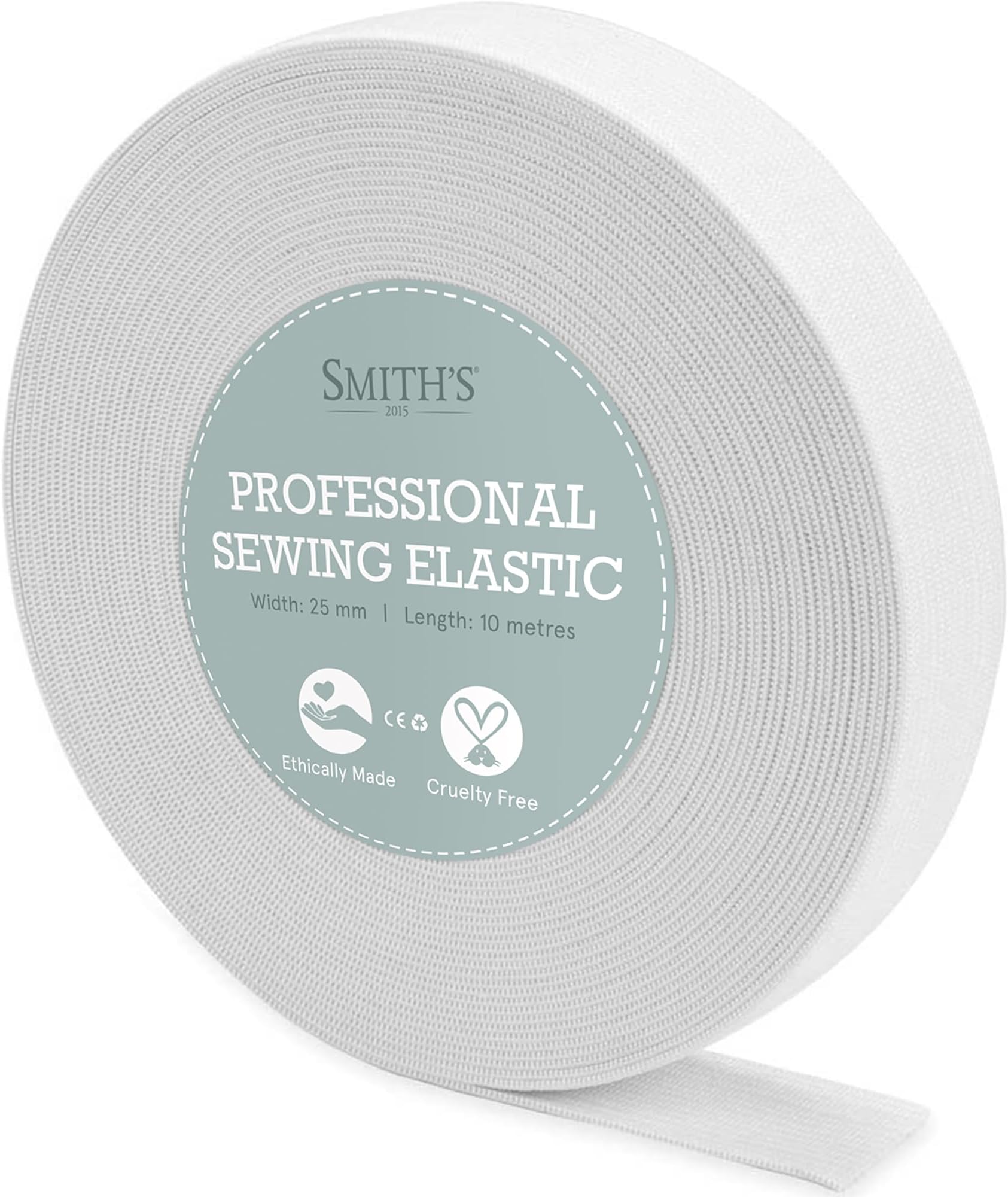White Elastic Band by Smith’s® | 25mm (1 Inch) Width | 10 Metres (11 Yards) Length | Flat Cord | for Sewing, Arts & Crafts, Dressmaking, Waistband, Haberdashery, Wig, DIY, Clothing