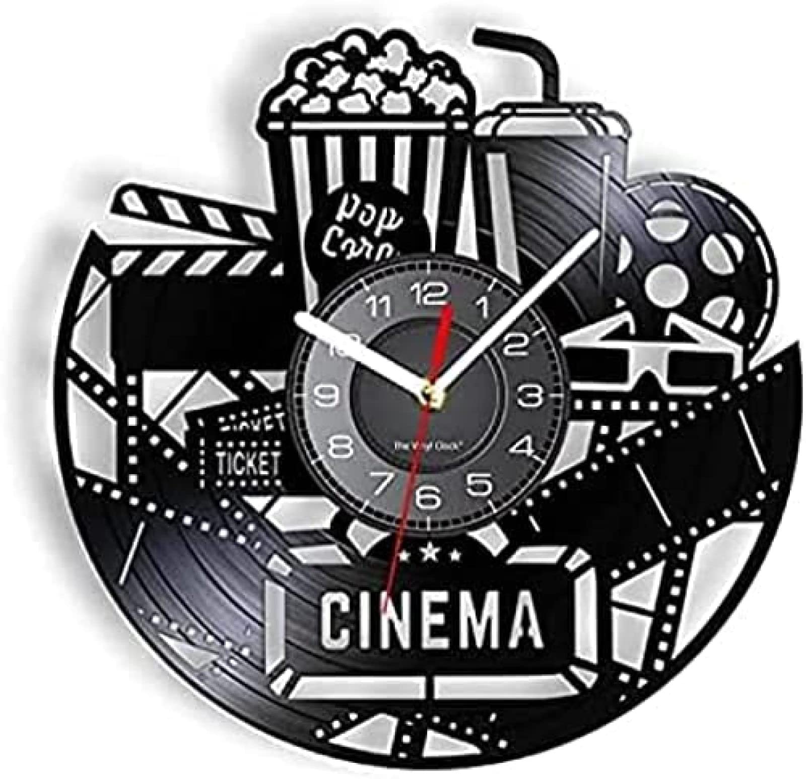 Orologio da parete Cinema Produzione Orologio Cinema Segno Popcorn Disco in vinile Orologio da parete Guarda film Decorazione da parete vintage Regalo per gli amanti del cinema