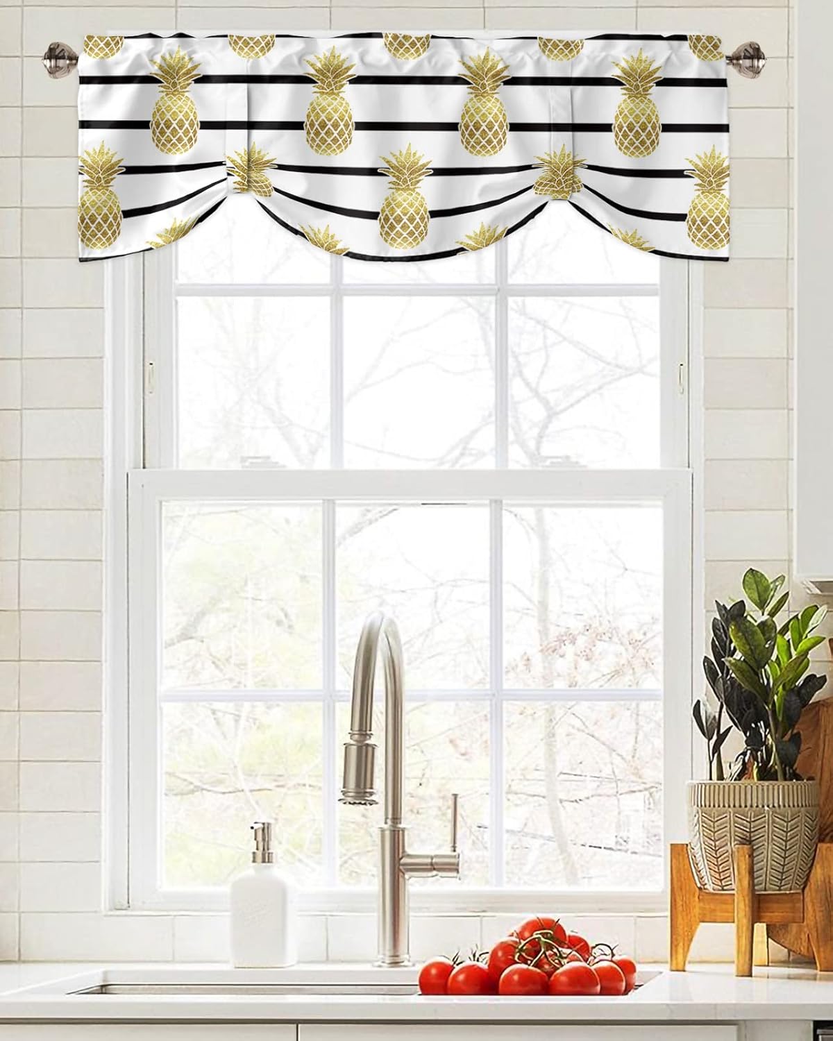 Tie Up Valance for Kitchen Windows,Summer Gold Pineapple