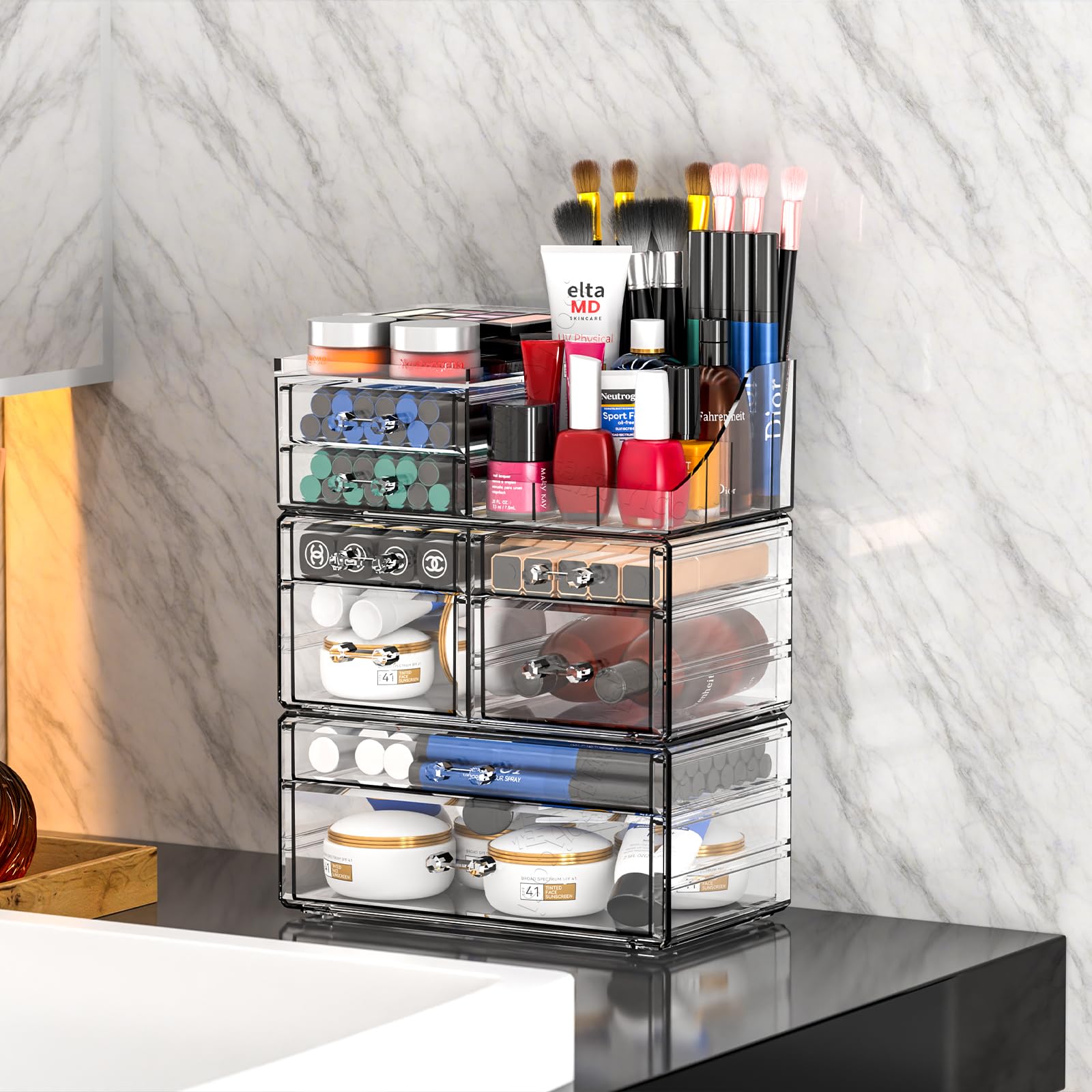 Cq Clear Acrylic Makeup Organizer with Stackable Drawers