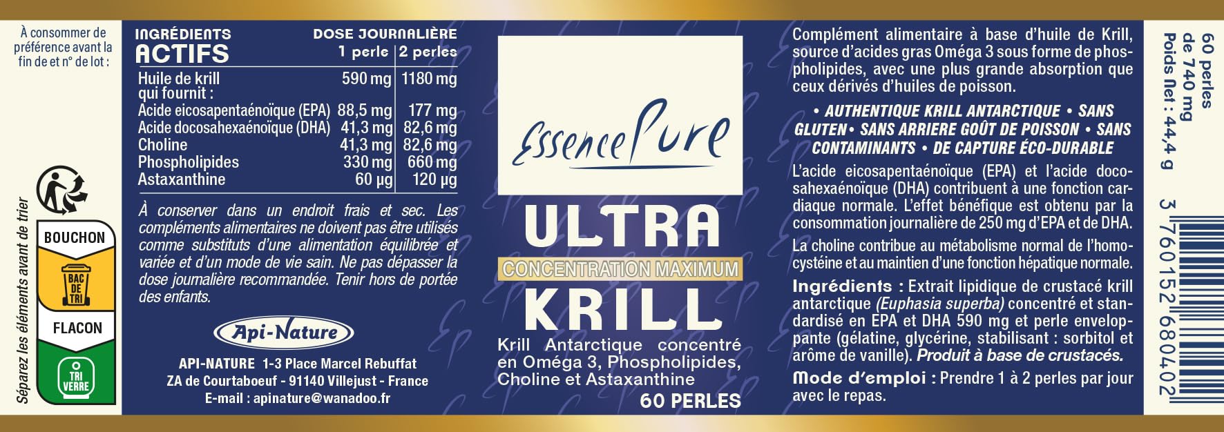 Huile de krill antarctique Essence Pure - Krill oméga 3 avec astaxanthine, phospholipides et choline - 60 perles de Api-Nature