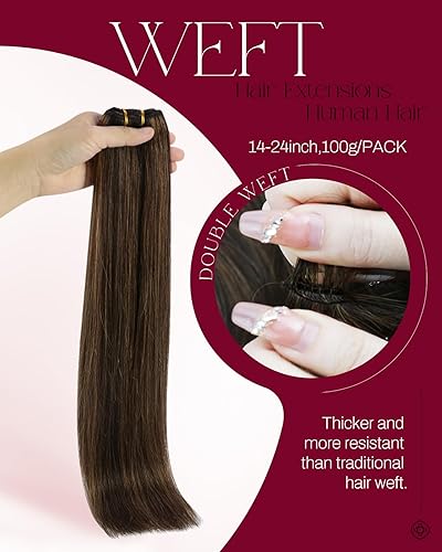 Miniatura 2 de Moresoo Extensiones de cabello humano de 22 pulgadas, doble trama, cosidas, extensiones de cabello humano castaño oscuro con mechas de cabello