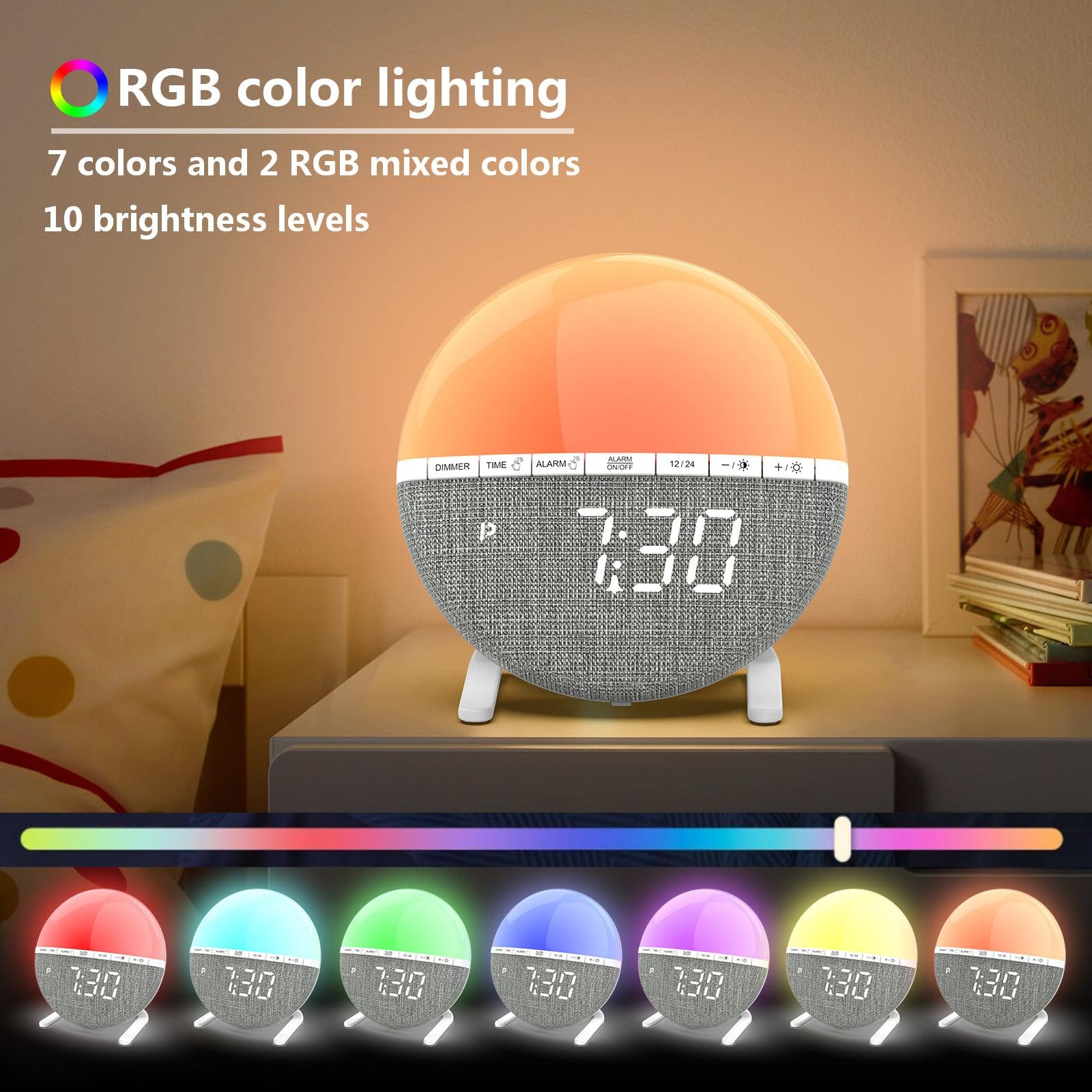 GOMETY Réveil Lumineux Simulateur d’Aube, Lampe de Réveil Lever du Soleil avec Snooze, 7 Sons Naturels, 9 Couleurs LED, 10 Niveaux de Luminosité, Réveil Enfant Adulte Bébé Gros Dormeur Lampe de Chevet
