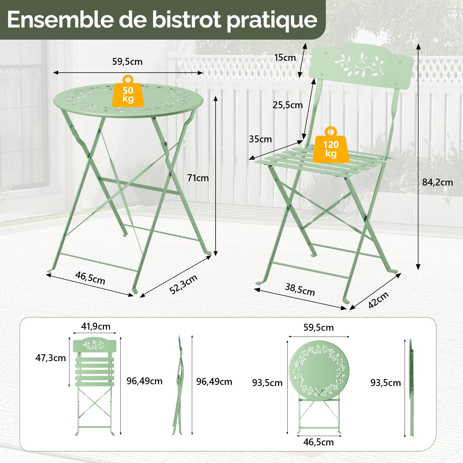VINGLI Set Bistrò Pieghevole, Tavolino da Balcone con 2 Seide, Tavolo e Sedie da Esterno, Balcone e Terrazza (Verde Chiaro, Modello Traforato, Senza Cuscino)