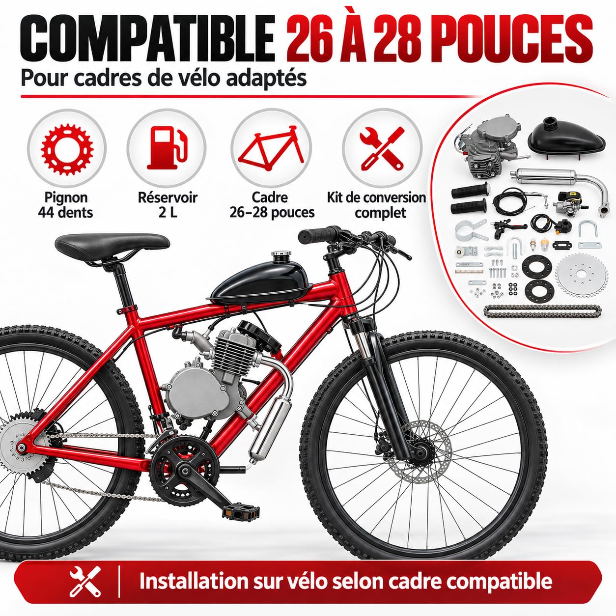 Kit motore per bicicletta da 80 cc, motore a benzina a 2 tempi, monocilindrico raffreddato ad aria, con accensione CDI, catena a 44 denti, serbatoio da 2 l, per telai da 26-28 pollici, portata massima
