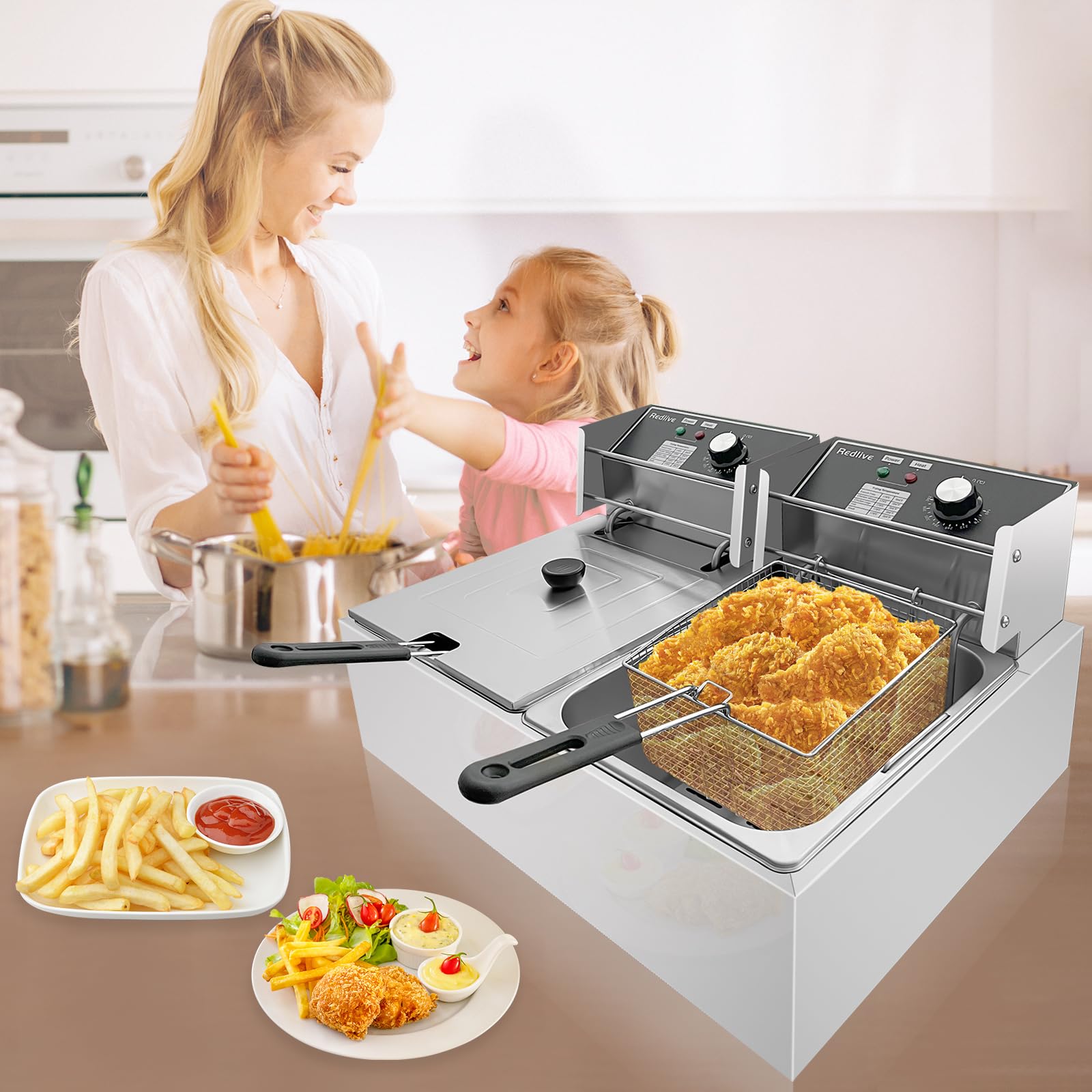 Commercial Deep Fryer 3400W Hot 12.7QT/12L Electric Deep Fryers with 2x6 Independent use Baskets Countertop Oil Fryer for Restaurant Use and Home Kitchen with Oil Thermometer & Temperature Contro