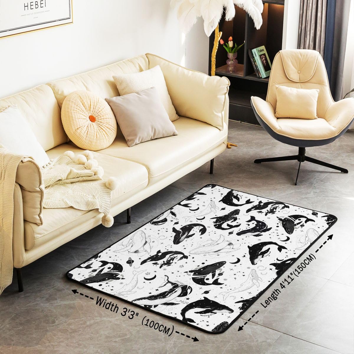 Manfei Wal Bereich Teppiche,Boho Sterne Mond Rutschfester Teppich Hand gezeichnet Sealife Indoor Fußbodenmatte Home Wohnzimmer Dekor,100 x 150 cm