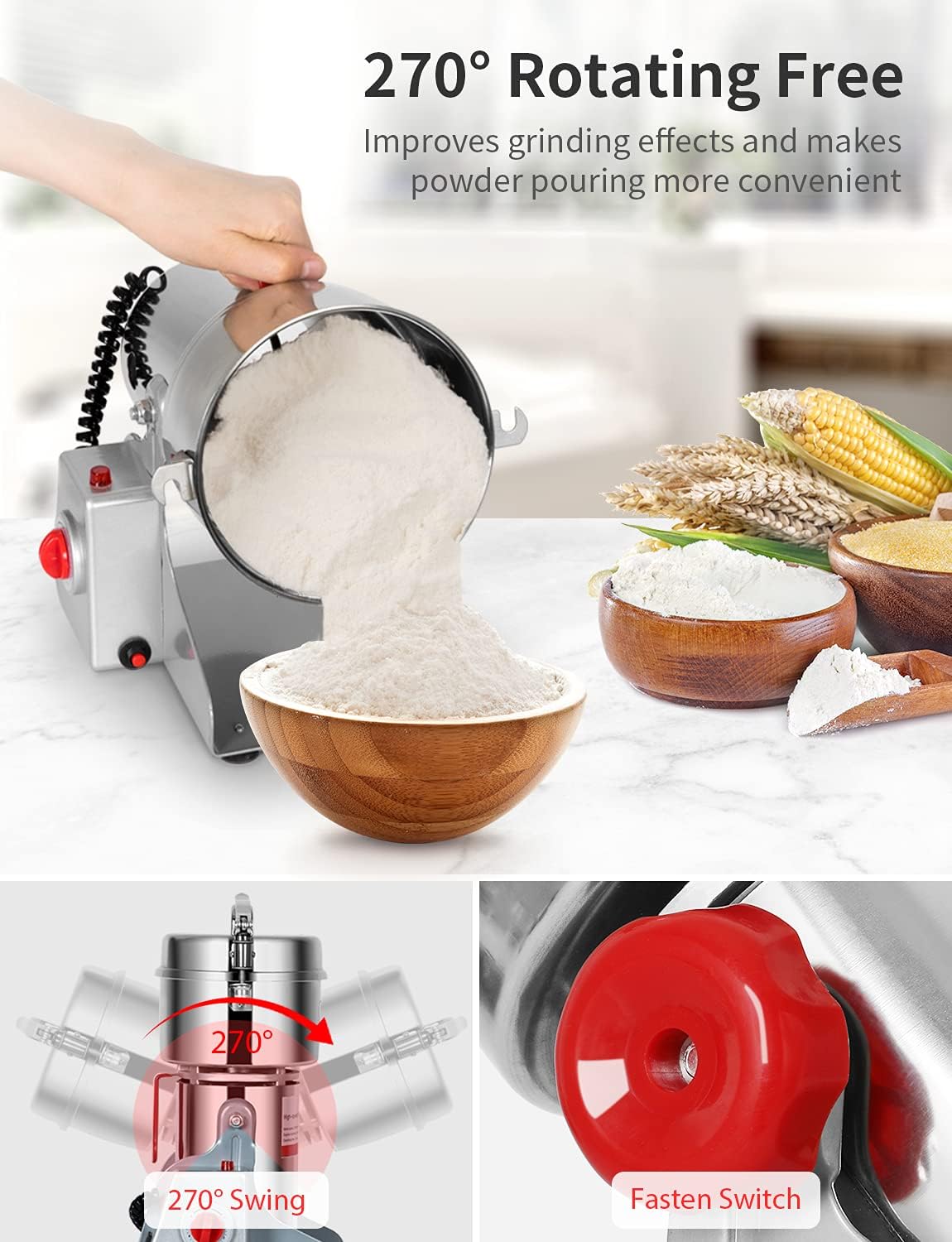 1000g Electric Grain Mill Grinder Spice Commercial 3500W 110V Superfine Powder Grinding Pulverizer Stainless Steel Machine for Dry Corn Coffee Wheat Herb Pepper Food Seeds Flour Bean (Swing Type)