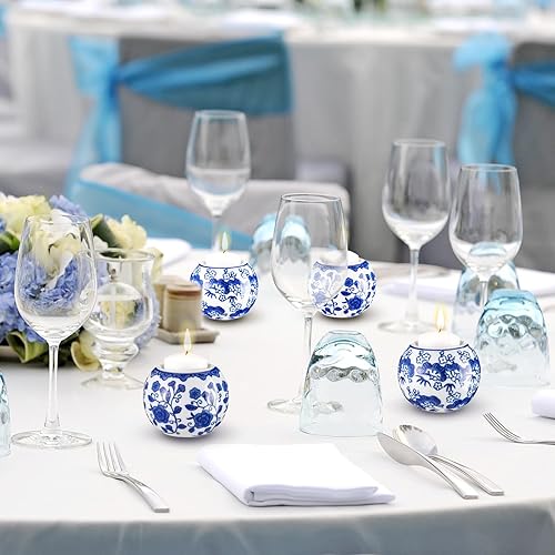 Miniatura 6 de Soaoo Paquete de 2 portavelas azules y blancos, decoración de porcelana, candelabros votivos para vacaciones, bodas, fiestas, centro de mesa,