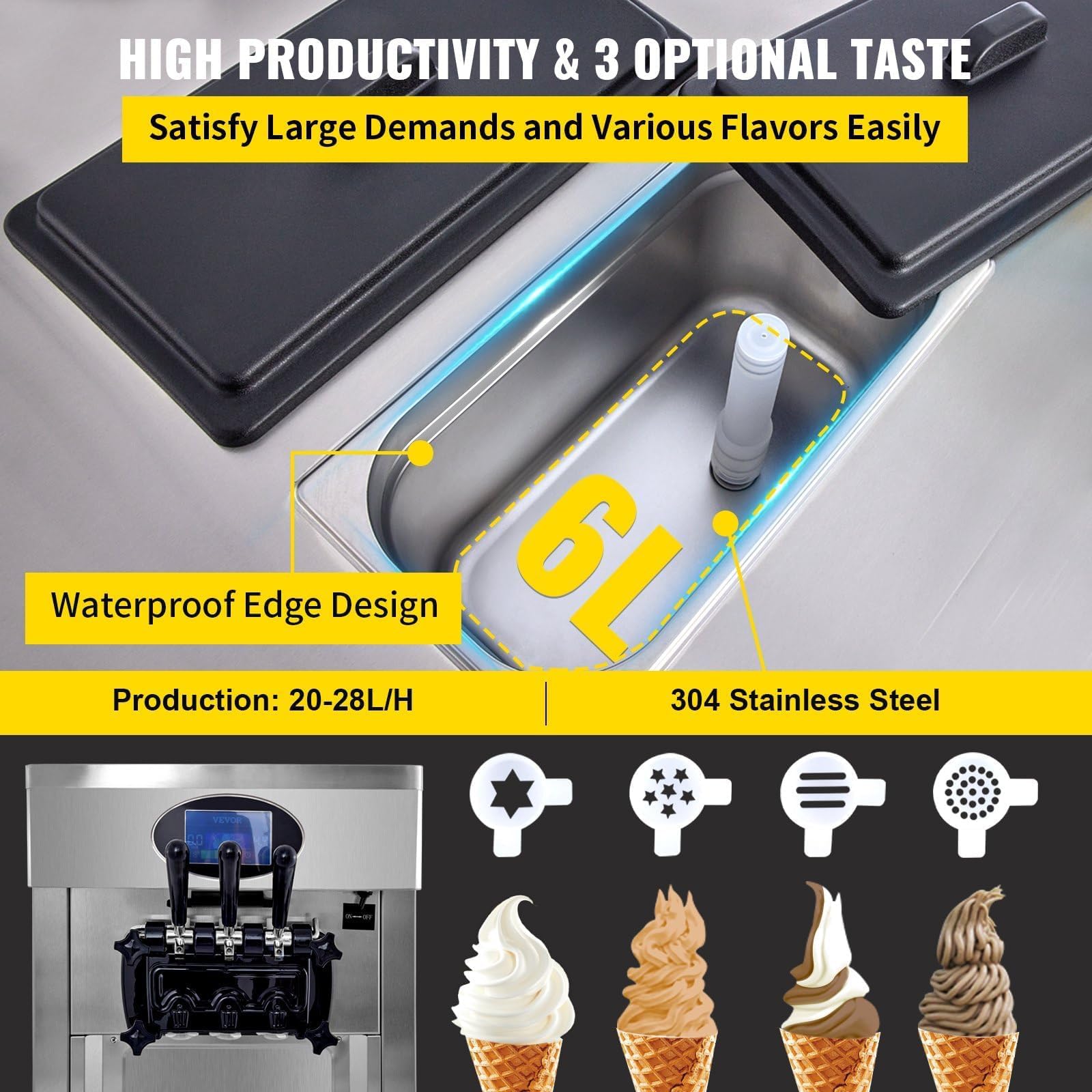 Machine à Crème Glacée professionnelle 2200W Machine à crème glacée italienne 20-28L/h 3 Saveurs Pré-refroidissement et Autonettoyage Panneau LED pour Yaourt Café Snack-Bar Glacier Restaurant