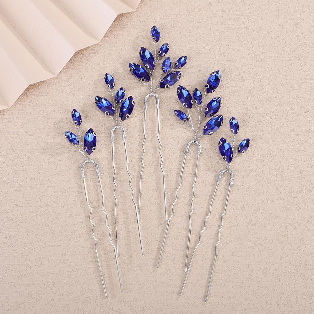 Rumtock 5pcs Blue Rhinestones Beads Hair Pins Set for Wedding Brides Women Handmade Silver Crystal Hair Accessories (Blue)