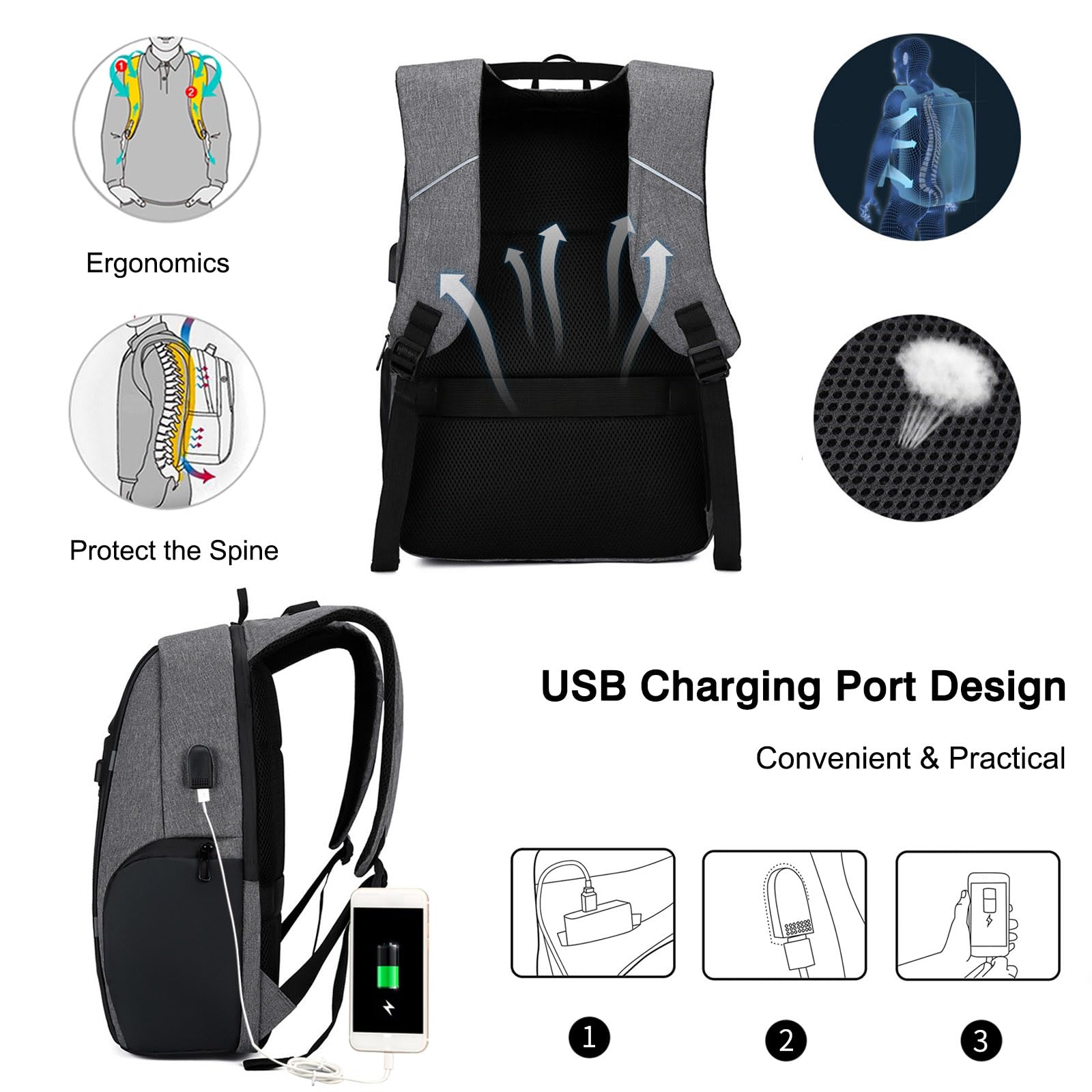 FANDARE Hombre Laptop Mochilas con Banda Reflectante Mujer Bolsa de Equipaje de Mano para avión Hombre Mochila Viaje Ryanair Bolsa Bolso de Mano Mochila Viaje Bolsos Negocio Trabajo Mochila Negro