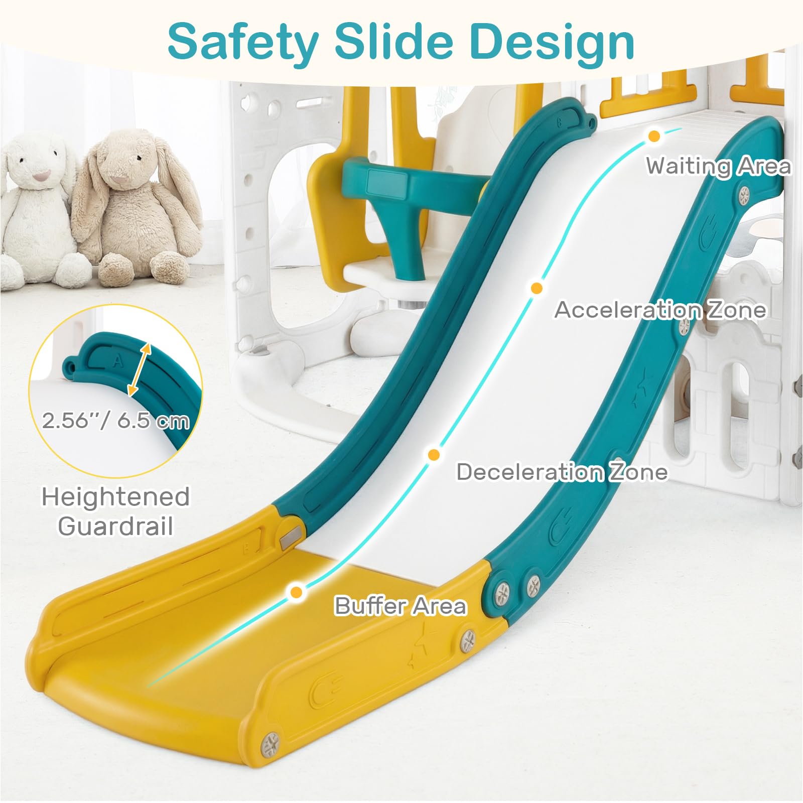 OLAKIDS Toddler Slide and Swing Set, 7 in 1 Kids Indoor Outdoor Playground with Telescope Toy Storage, Climber Basketball Hoop, Ideal Gift for Girls Boys Aged 1+ (Yellow) — view 4