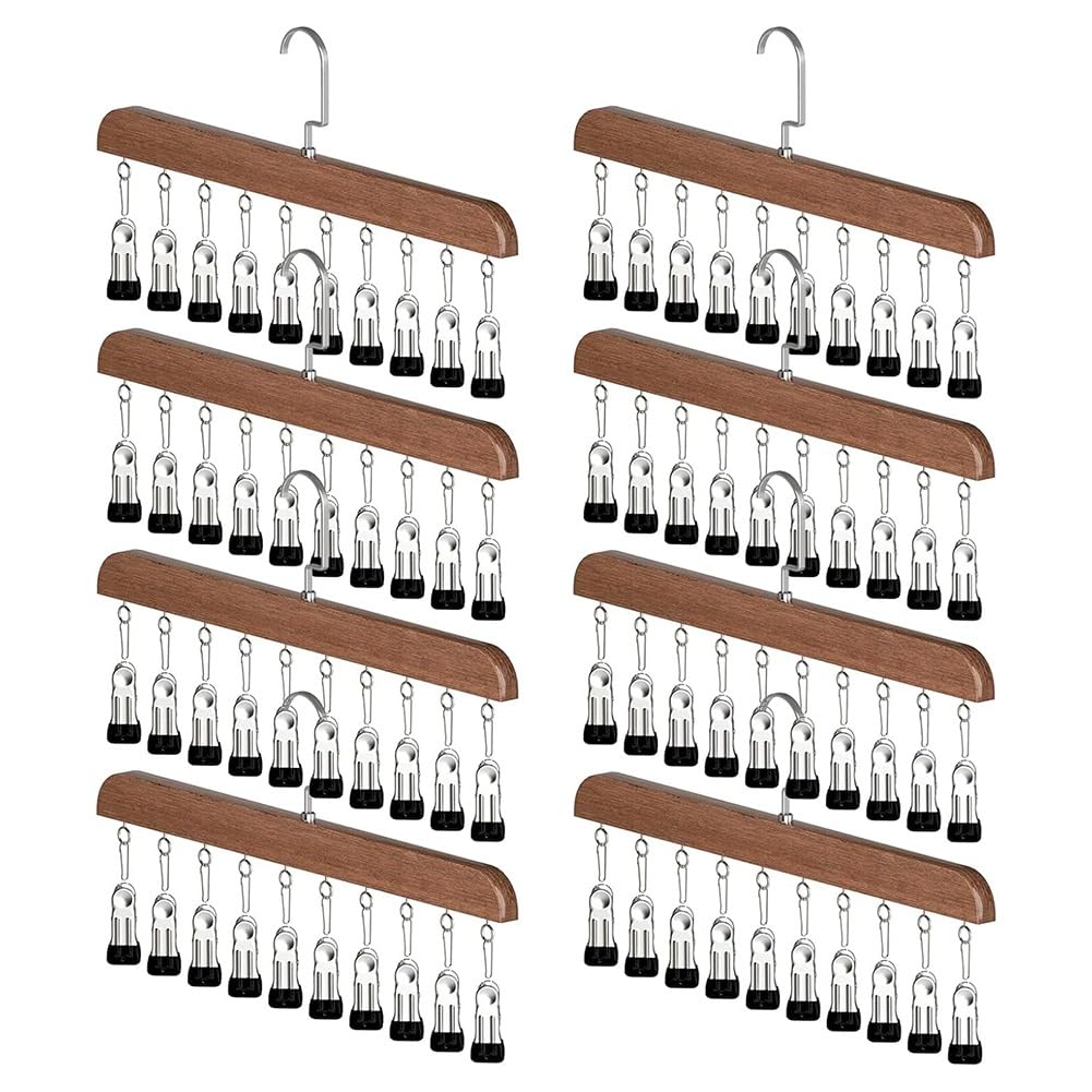 Hndhbfgrt 8PCS Space-Saving Closet Organizer with 10 Clips - Multi-Purpose Hanging Storage for Wardrobe, Wooden Hangers