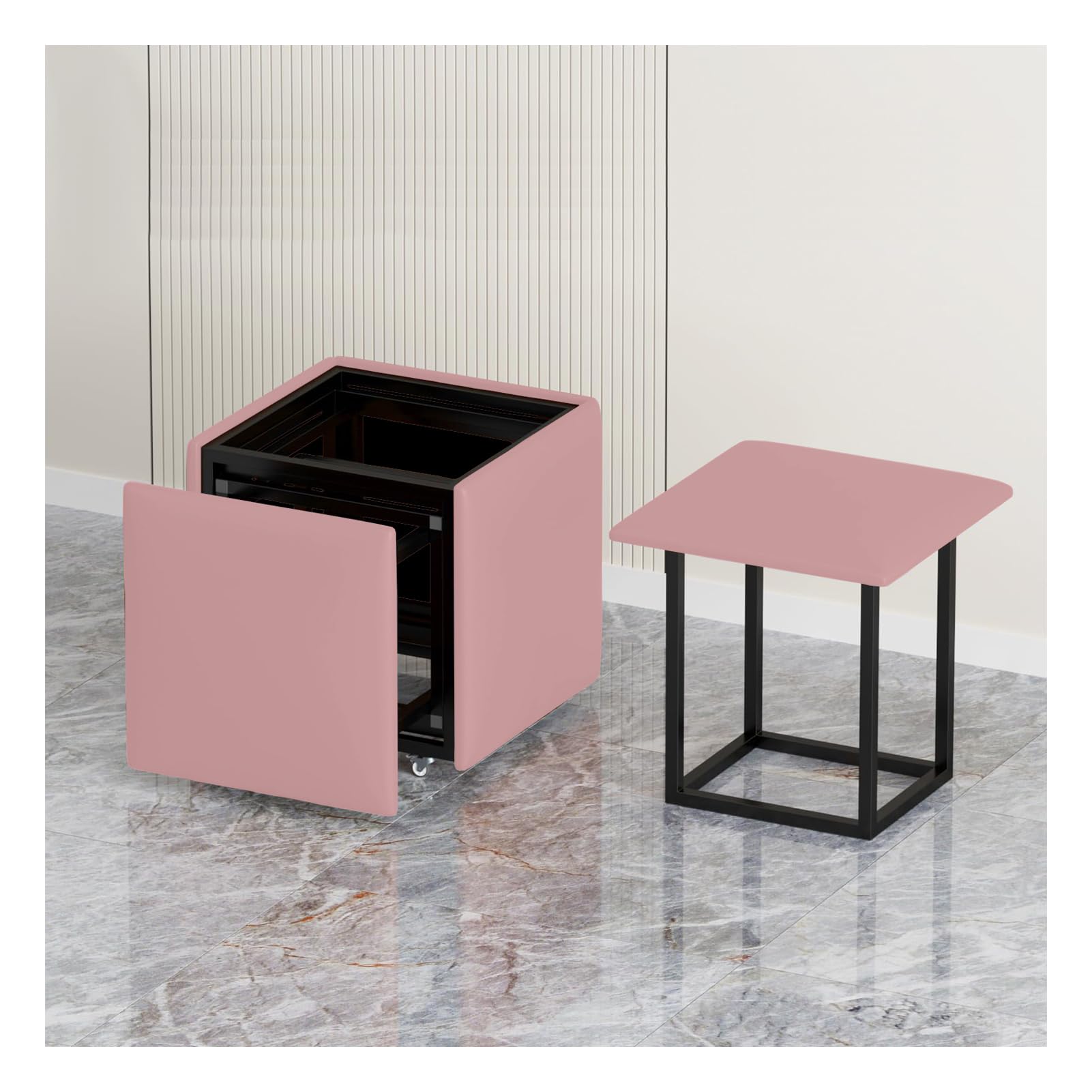 Pouf empilable en cuir beige avec finitions soignées