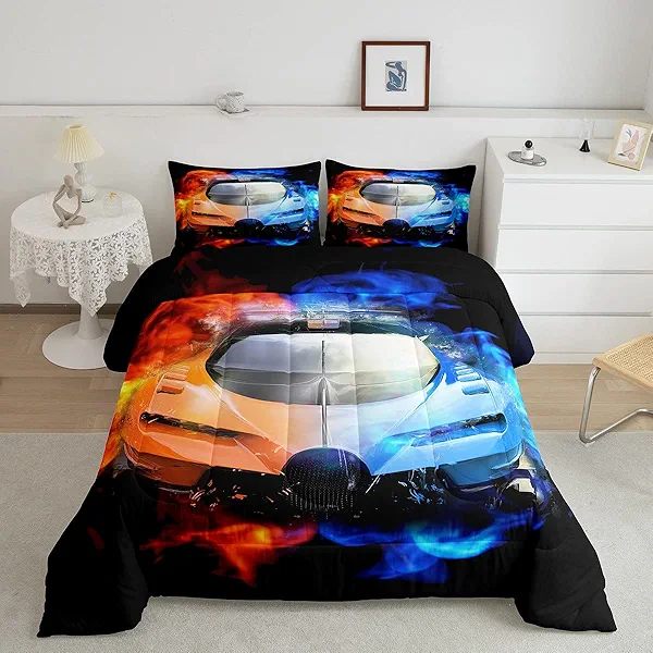 Feelyou Kids Sports Bedding Set Race Car Bedding Set for Boys Girls Extreme Sports Theme Comforter Cool Speed Racing Car Comforter Set Bedroom Collection 3Pcs Queen Size