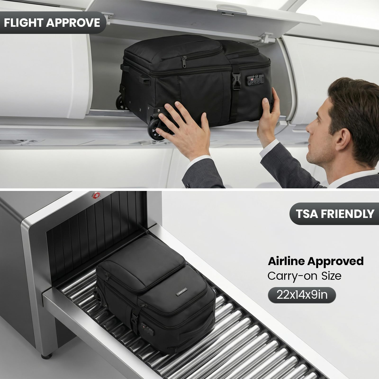 Hivexagon Mochila de Viaje de 37 L con Ruedas, Gran Capacidad, con Cerradura de contraseña, Ruedas silenciosas y duraderas, Correas Ocultas para Viajes o Negocios