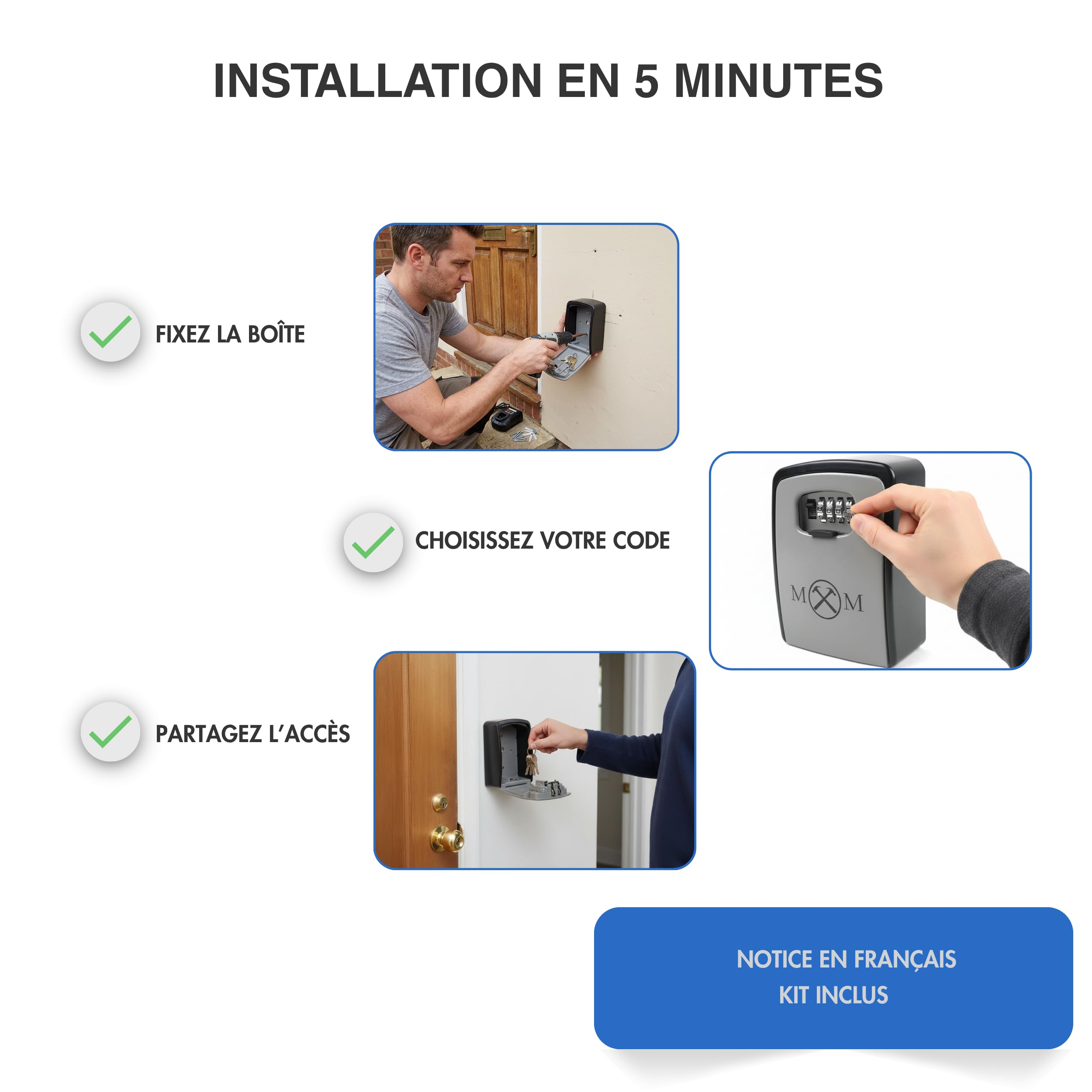 Boite à clés murale sécurisée avec code à 4 chiffres XL, intérieur/extérieur, étanche, fixation murale, Grande Capacité & Imperméable, Coffre Fort a Clefs pour Maison Bureau Garage, grande taille