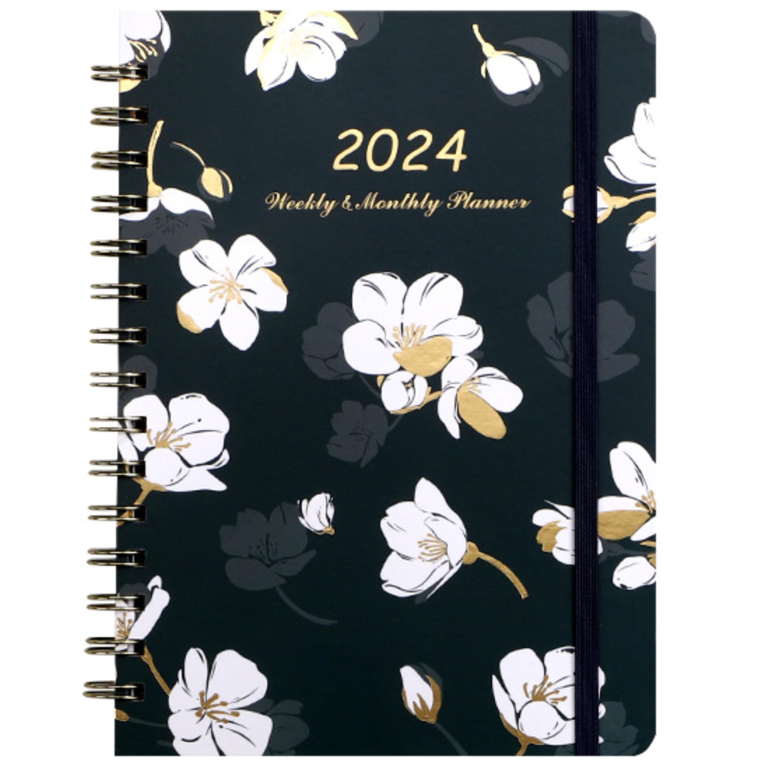 NESLIN2024 Planner - Weekly & Monthly Planner 2024 from Jan. 2024 - Dec. 2024, 2024 Planner, 8" x 6", Flexible Cover, To-Do List, Twin-Wire Binding, Perfect for Daily Planning - Flowers (Black+White)