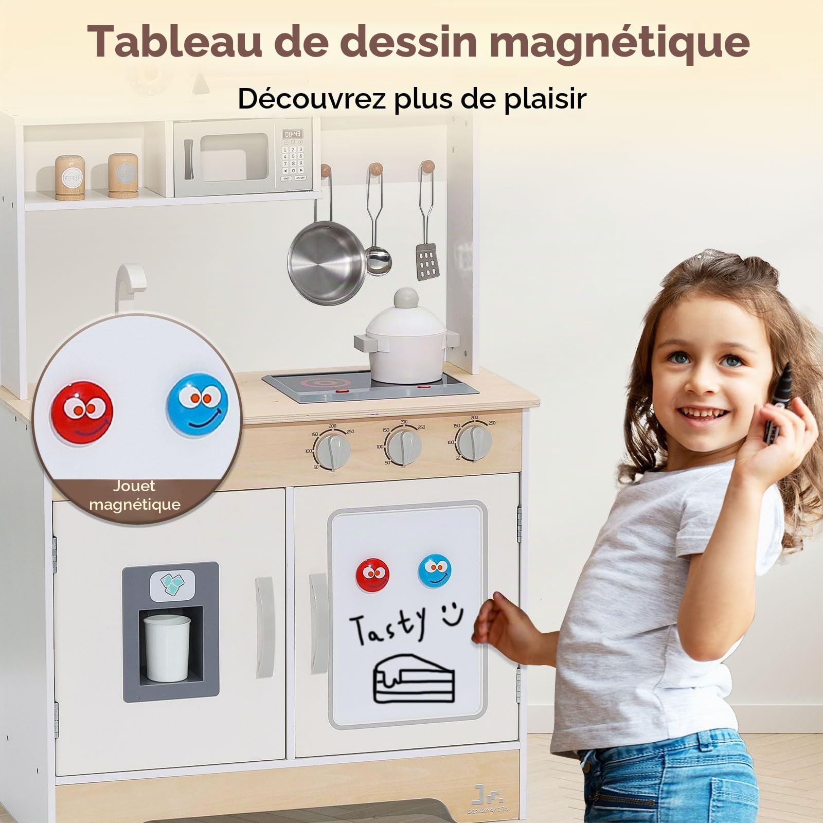 SainSmart Jr. Cuisine de jeu en bois pour enfants, crème – avec son, micro-ondes et évier avec robinet, cuisine pour enfants avec cuisinière, four et réfrigérateur, jeu de rôle dès 3 ans