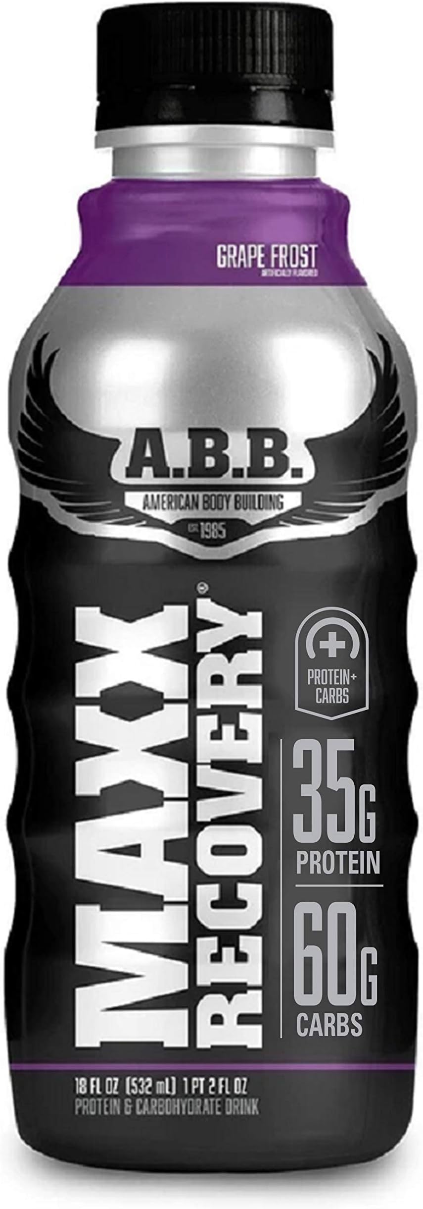 (ABB) Maxx Recovery, Premium Whey Protein Shakes, Isolates and Carbs, Grape Flavored Ready to Drink 18 oz Bottles, 12 Count