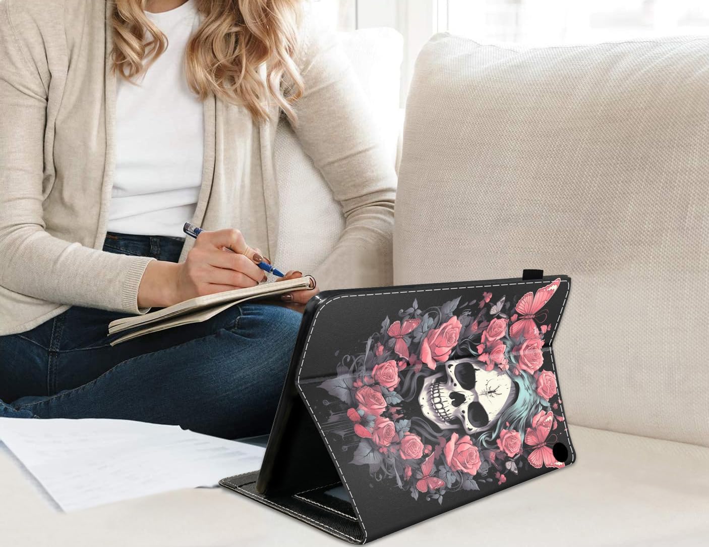 Case for All-New Amazon Fire HD 10 & 10 Plus Tablet 10.1" (13th/11th Generation, 2023/2021 Release) - Slim PU Leather Folio Smart Cover with Auto Wake/Sleep, Skull Butterfly Roses